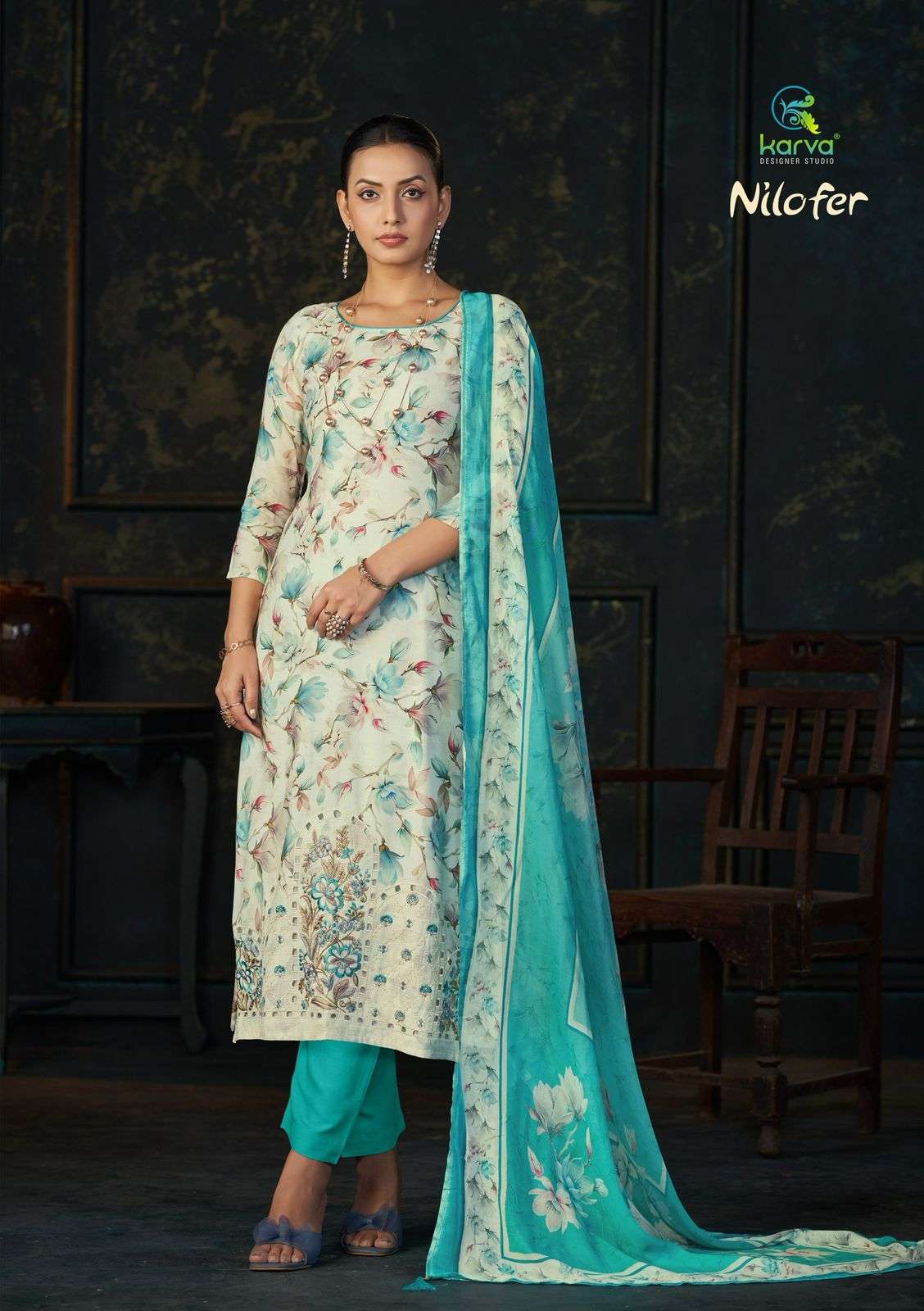 KARVA DESINER STUDIO NILOFER VISCOSE DIGITAL PRINT WITH EMBROIDERY DESIGNER WORK SUIT