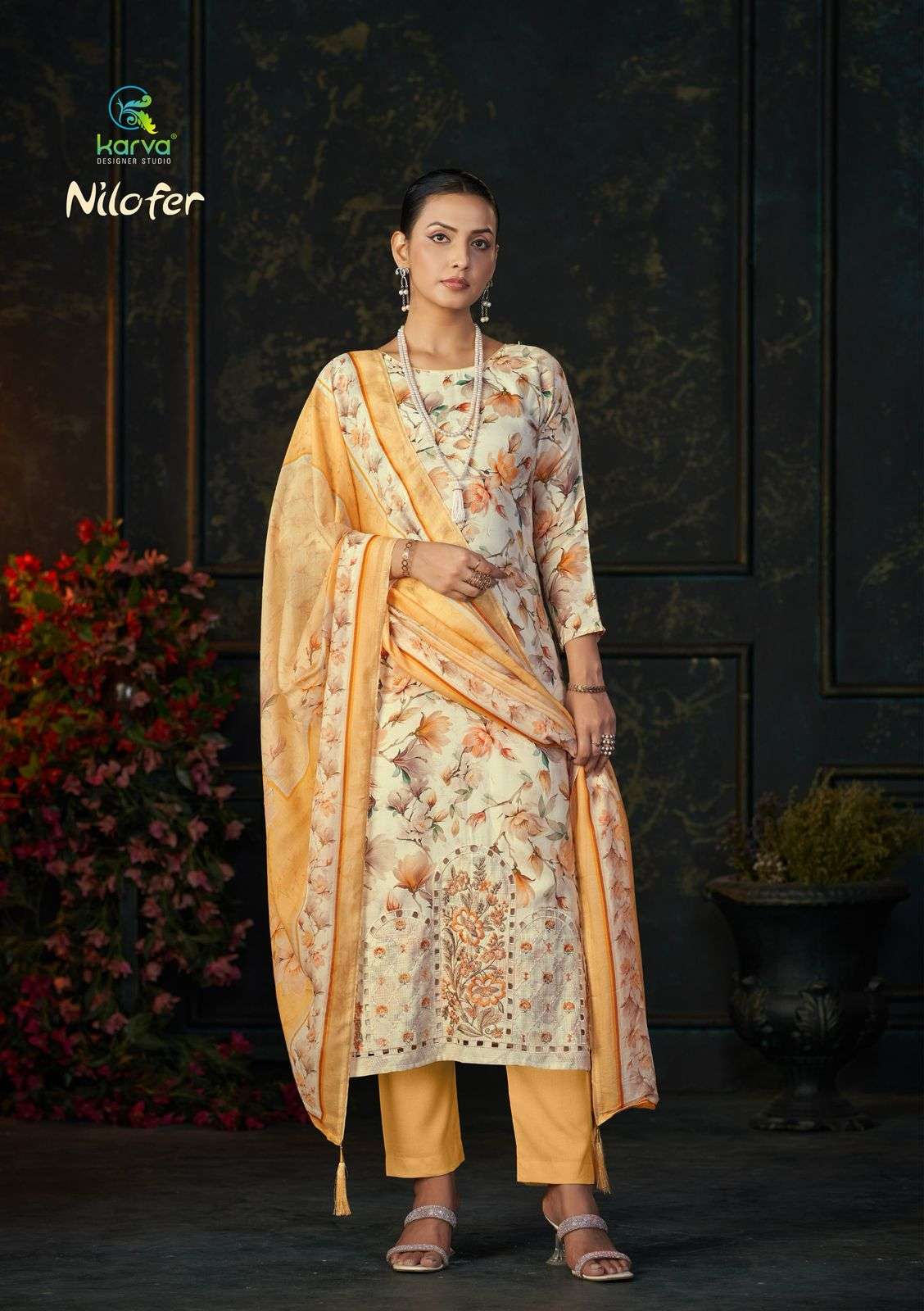 KARVA DESINER STUDIO NILOFER VISCOSE DIGITAL PRINT WITH EMBROIDERY DESIGNER WORK SUIT