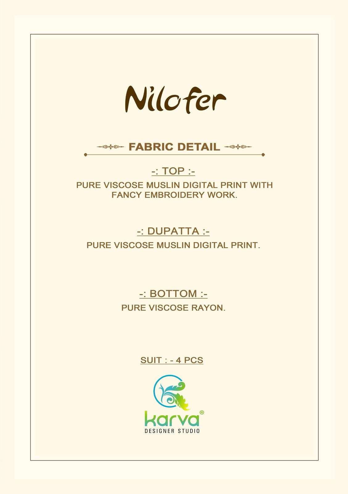 KARVA DESINER STUDIO NILOFER VISCOSE DIGITAL PRINT WITH EMBROIDERY DESIGNER WORK SUIT