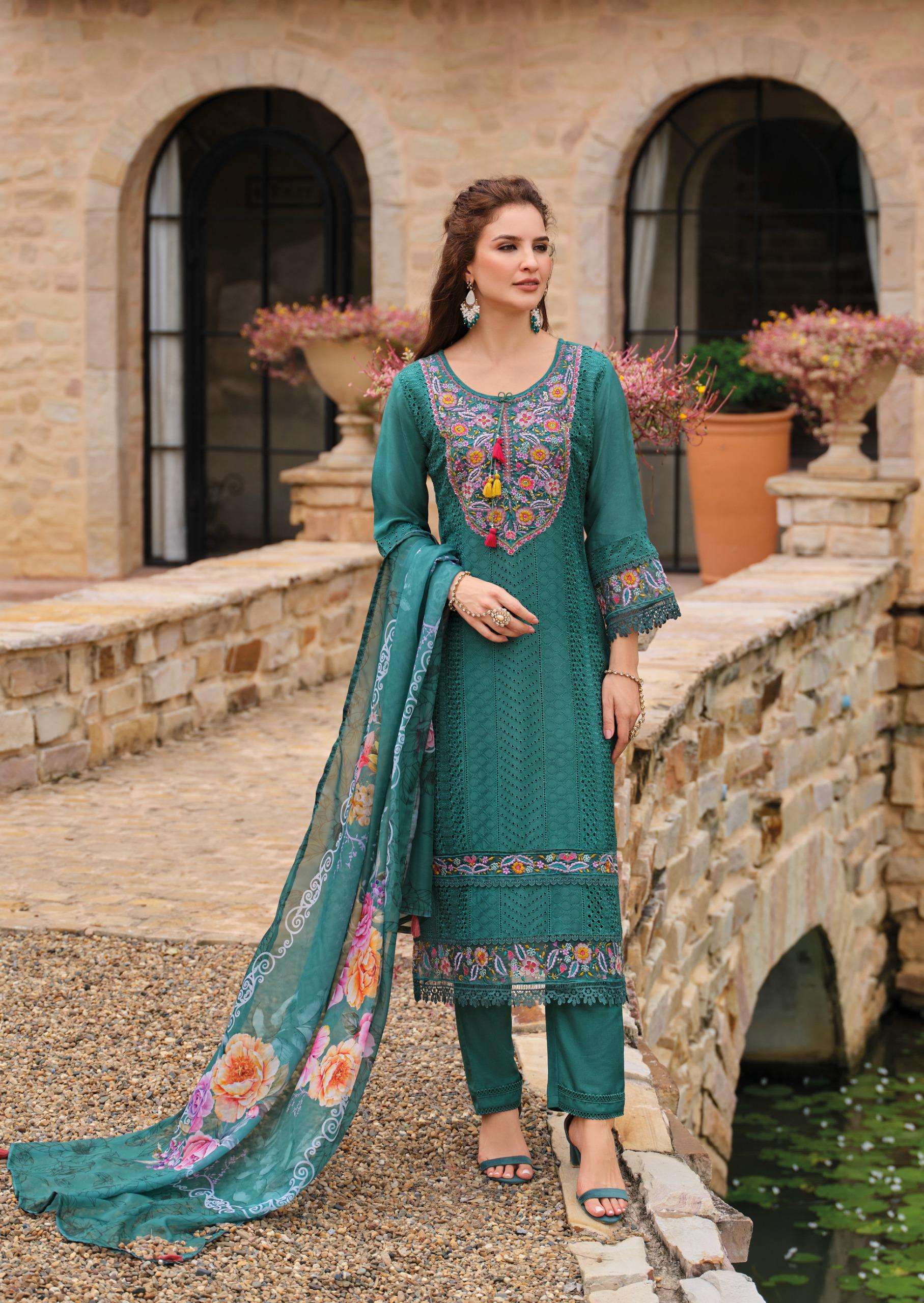 LADY LEELA IZHAAR MUSLIN SCHIFLI IS A DESIGNER WORK READY MADE LADIES SUIT