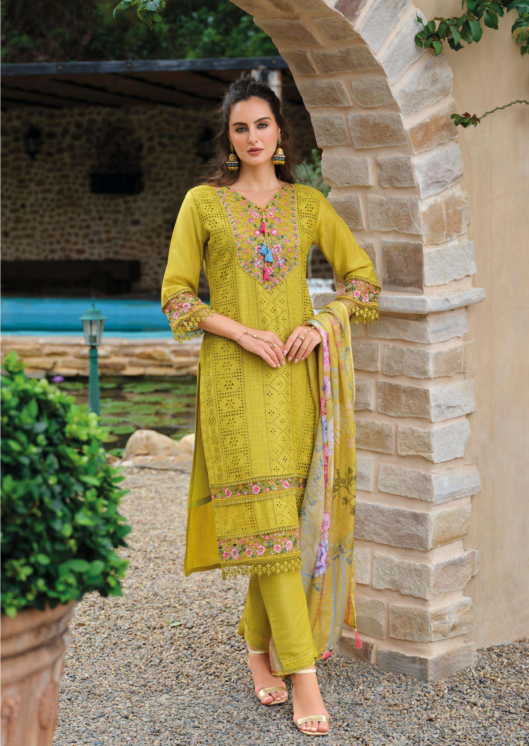 LADY LEELA IZHAAR MUSLIN SCHIFLI IS A DESIGNER WORK READY MADE LADIES SUIT