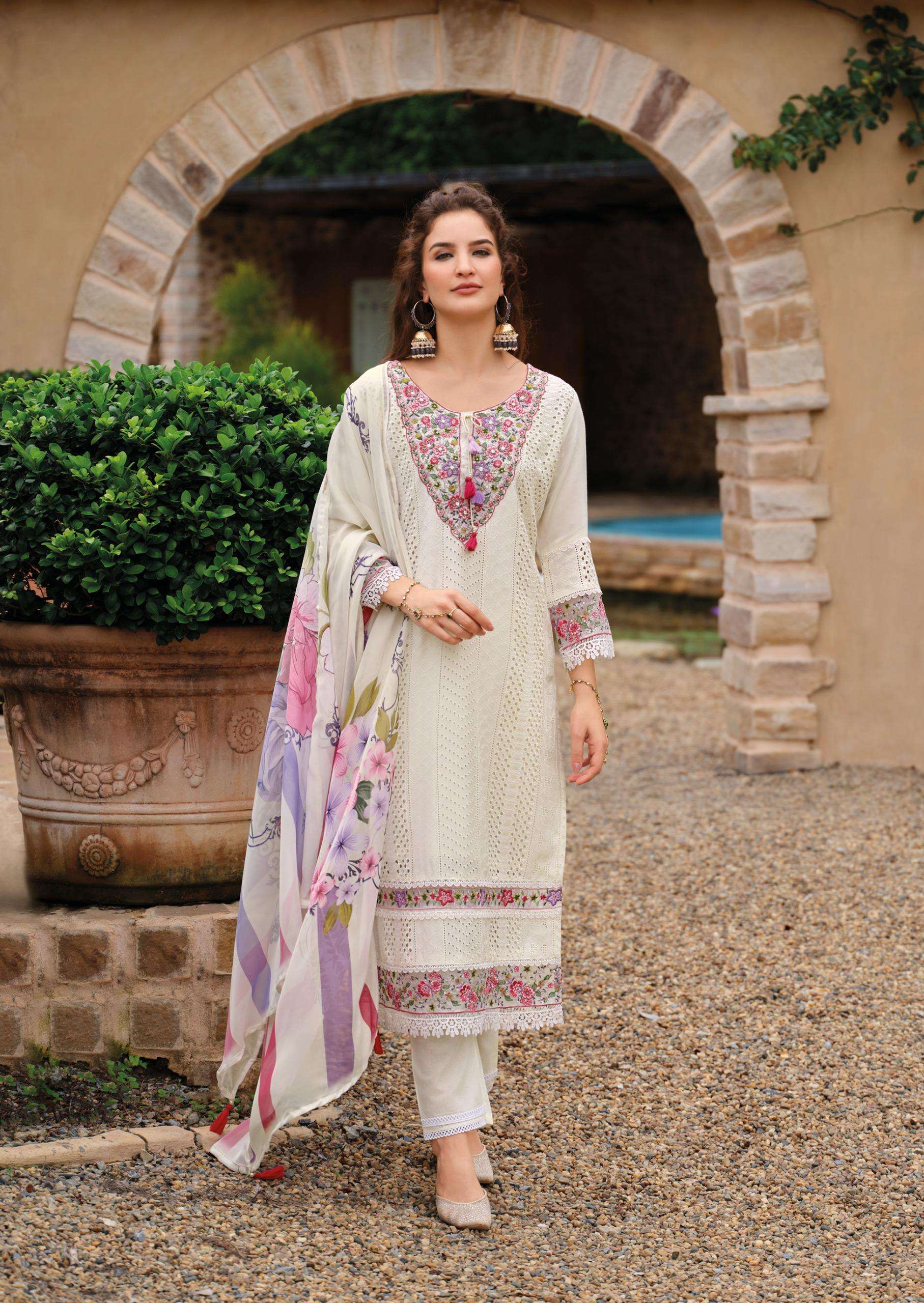 LADY LEELA IZHAAR MUSLIN SCHIFLI IS A DESIGNER WORK READY MADE LADIES SUIT