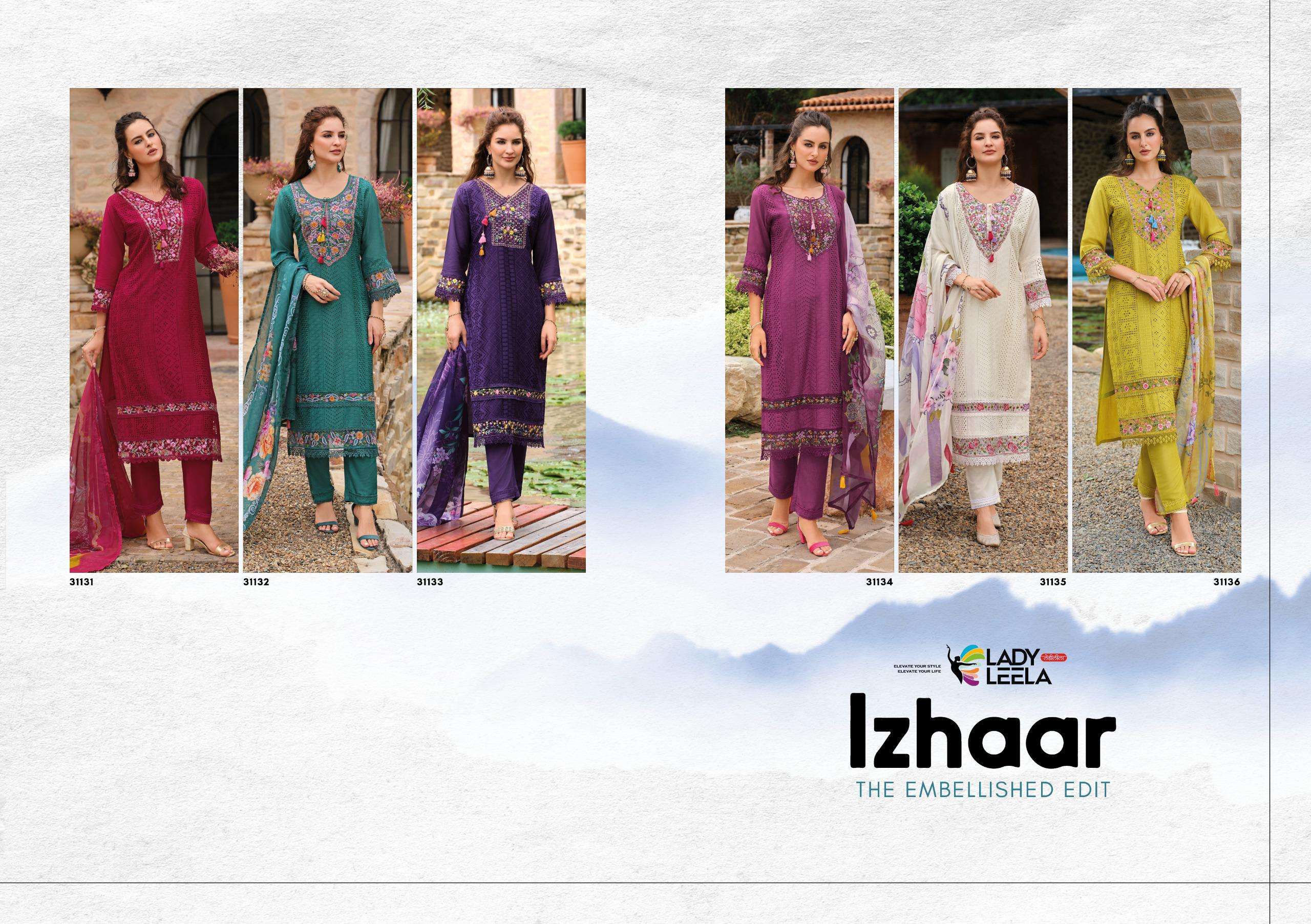 LADY LEELA IZHAAR MUSLIN SCHIFLI IS A DESIGNER WORK READY MADE LADIES SUIT