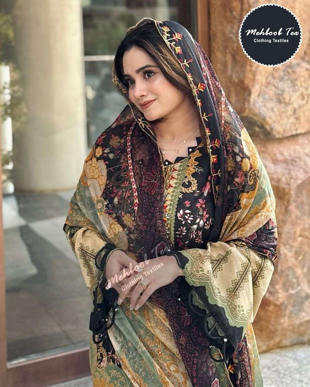 MEHBOOB TEX DESIGN NO - 1681 PURE COTTON PRINT HEAVY SELF EMBROIDERED PATCH PAKISTANI SALWAR SUIT