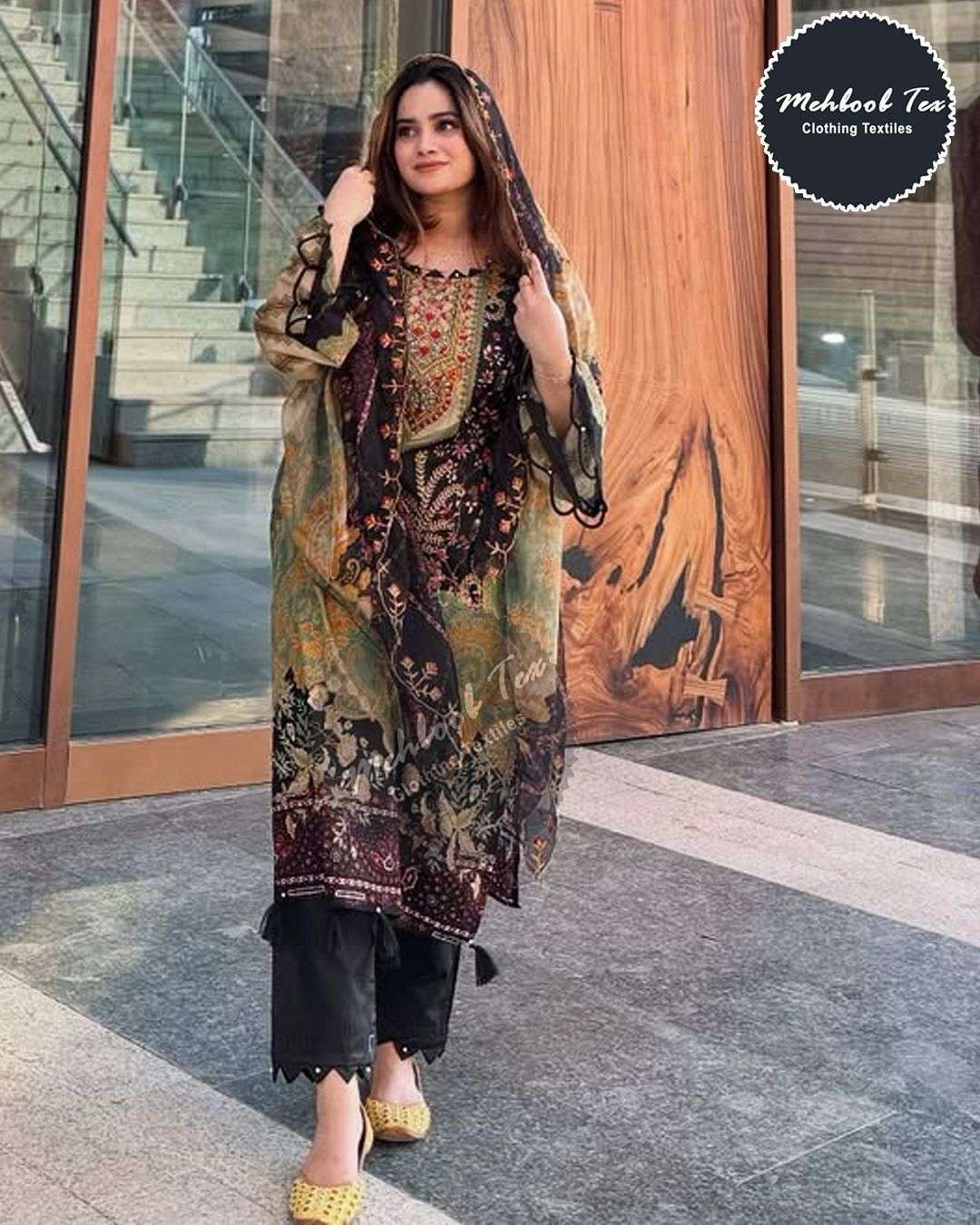 MEHBOOB TEX DESIGN NO - 1681 PURE COTTON PRINT HEAVY SELF EMBROIDERED PATCH PAKISTANI SALWAR SUIT