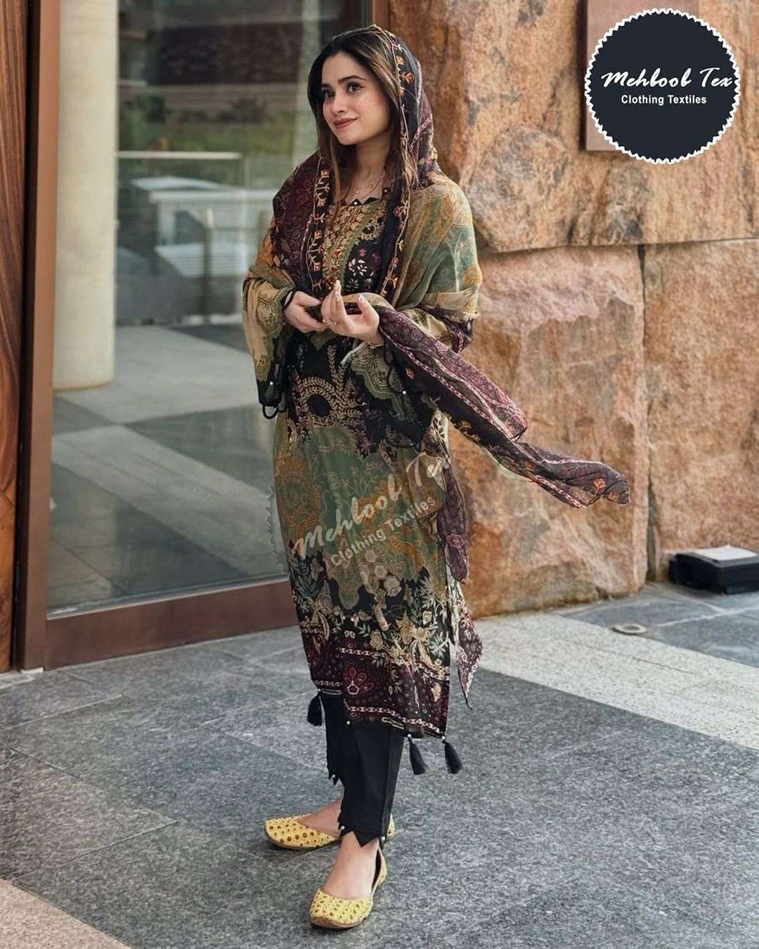 MEHBOOB TEX DESIGN NO - 1681 PURE COTTON PRINT HEAVY SELF EMBROIDERED PATCH PAKISTANI SALWAR SUIT