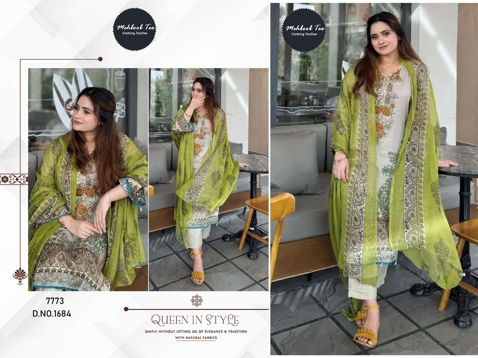 MEHBOOB TEX DESIGN NO - 1684 PURE COTTON PRINT EMBROIDERED PATCH PAKISTANI SUIT 