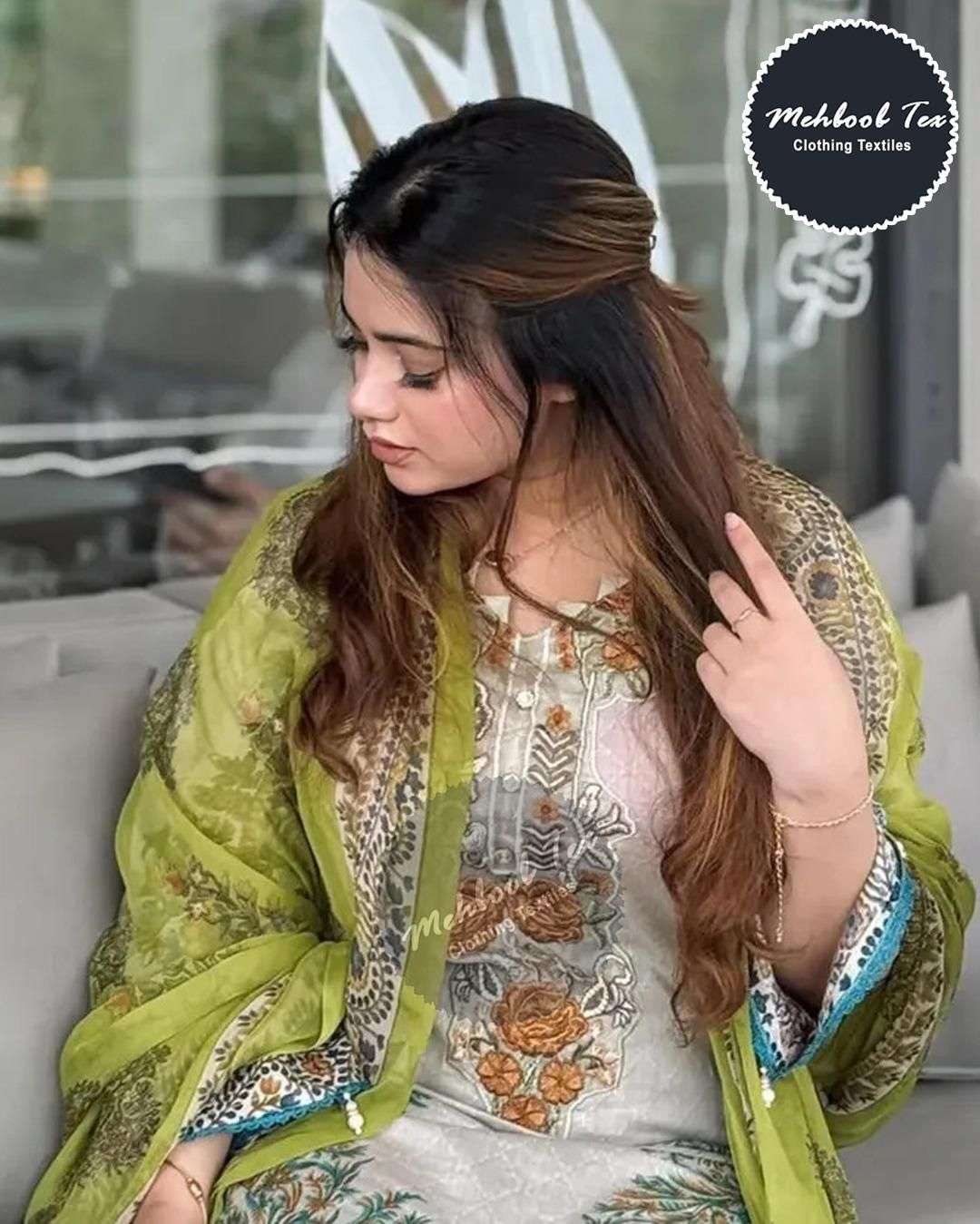 MEHBOOB TEX DESIGN NO - 1684 PURE COTTON PRINT EMBROIDERED PATCH PAKISTANI SUIT 