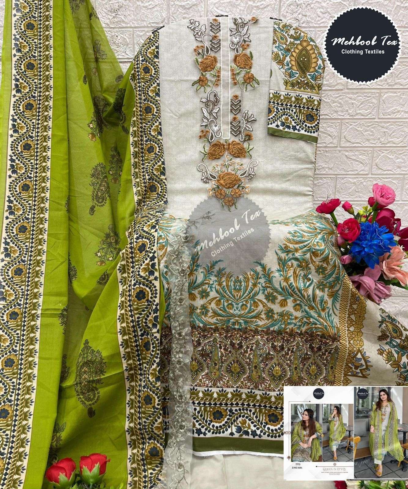 MEHBOOB TEX DESIGN NO - 1684 PURE COTTON PRINT EMBROIDERED PATCH PAKISTANI SUIT 