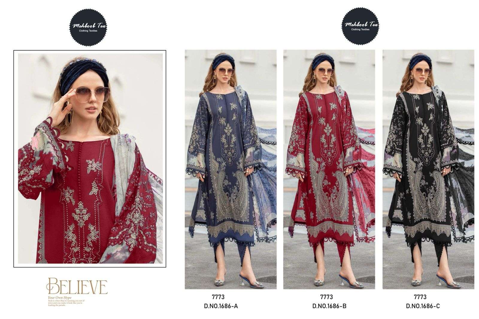 MEHBOOB TEX DESIGN NO - 1686 ABC PURE COTTON PRINT EMBROIDERED SELF WORK PATCH PAKISTANI SALWAR SUIT 