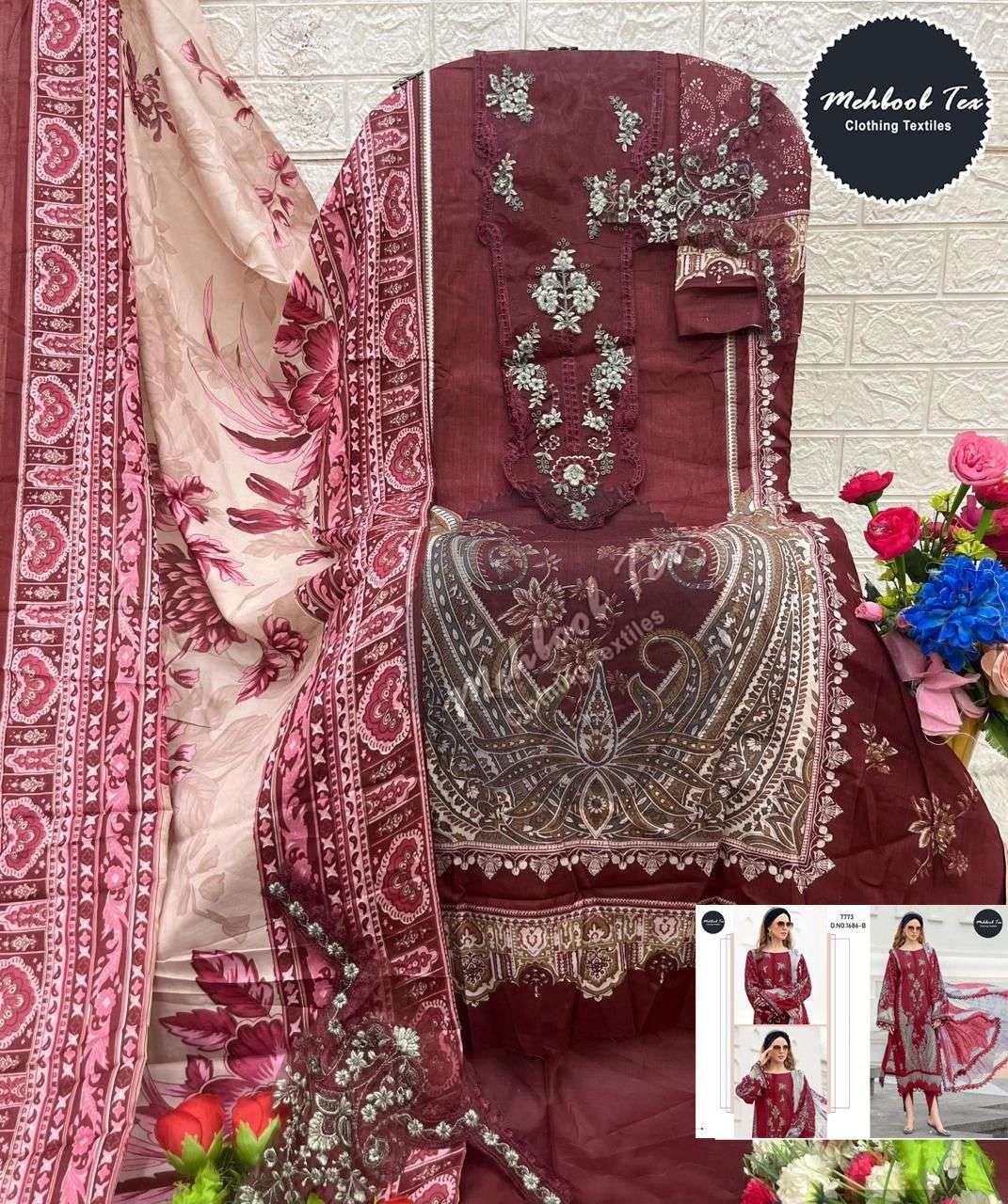 MEHBOOB TEX DESIGN NO - 1686 ABC PURE COTTON PRINT EMBROIDERED SELF WORK PATCH PAKISTANI SALWAR SUIT 