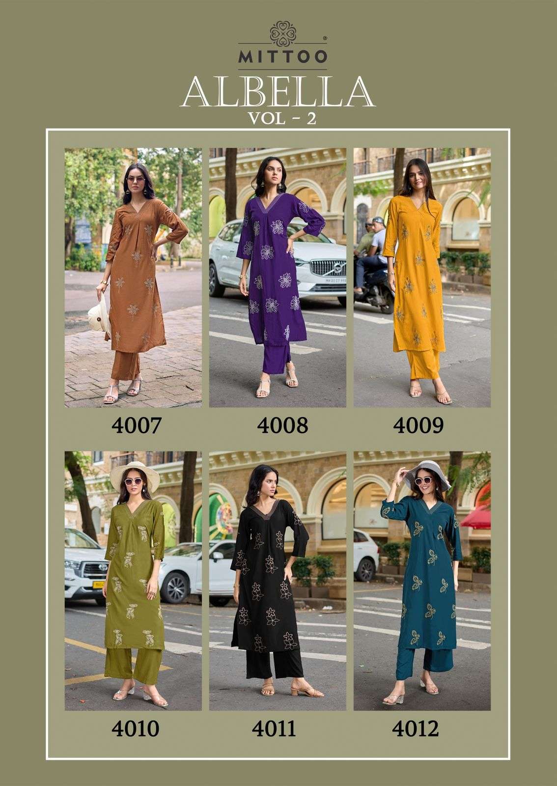MITTOO ALBELLA VOL 2 RAYON FANCY WORKS LADIES KURTI WITH BOTTOM PAIR 