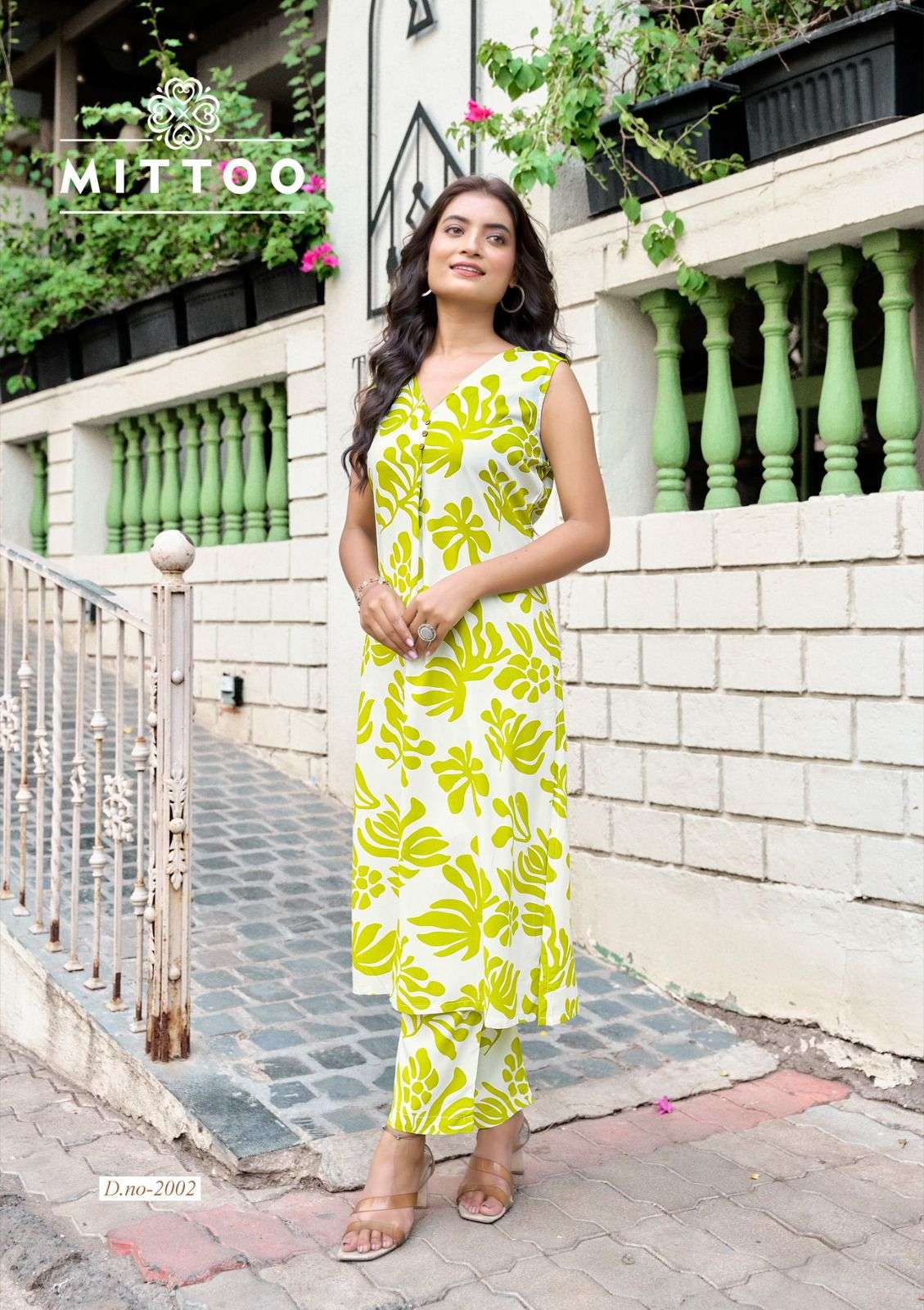 MITTOO SAFFRON RAYON PRINT A LINE STYLE KURTI WITH BOTTOM PAIR 