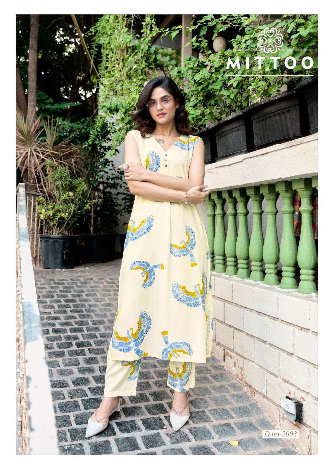 MITTOO SAFFRON RAYON PRINT A LINE STYLE KURTI WITH BOTTOM PAIR 