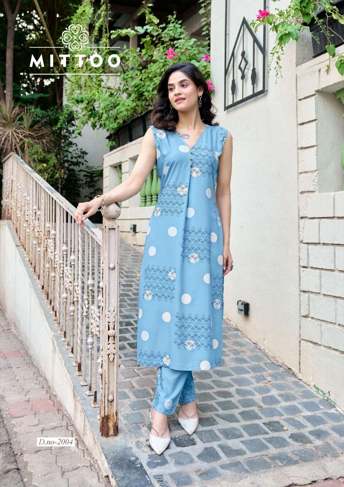 MITTOO SAFFRON RAYON PRINT A LINE STYLE KURTI WITH BOTTOM PAIR 