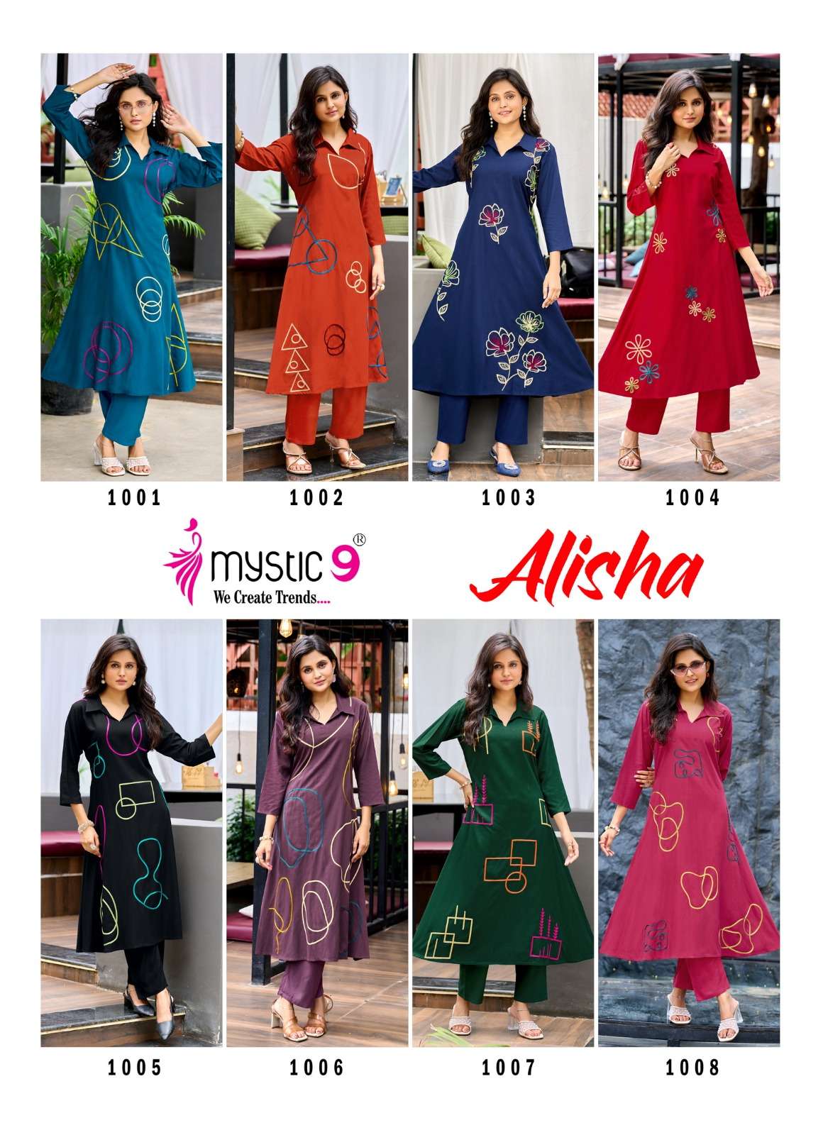 MYSTIC 9 ALISHA VOL 1 RAYON FANCY WORKS A LINE STYLE KURTI WITH BOTTOM PAIRS