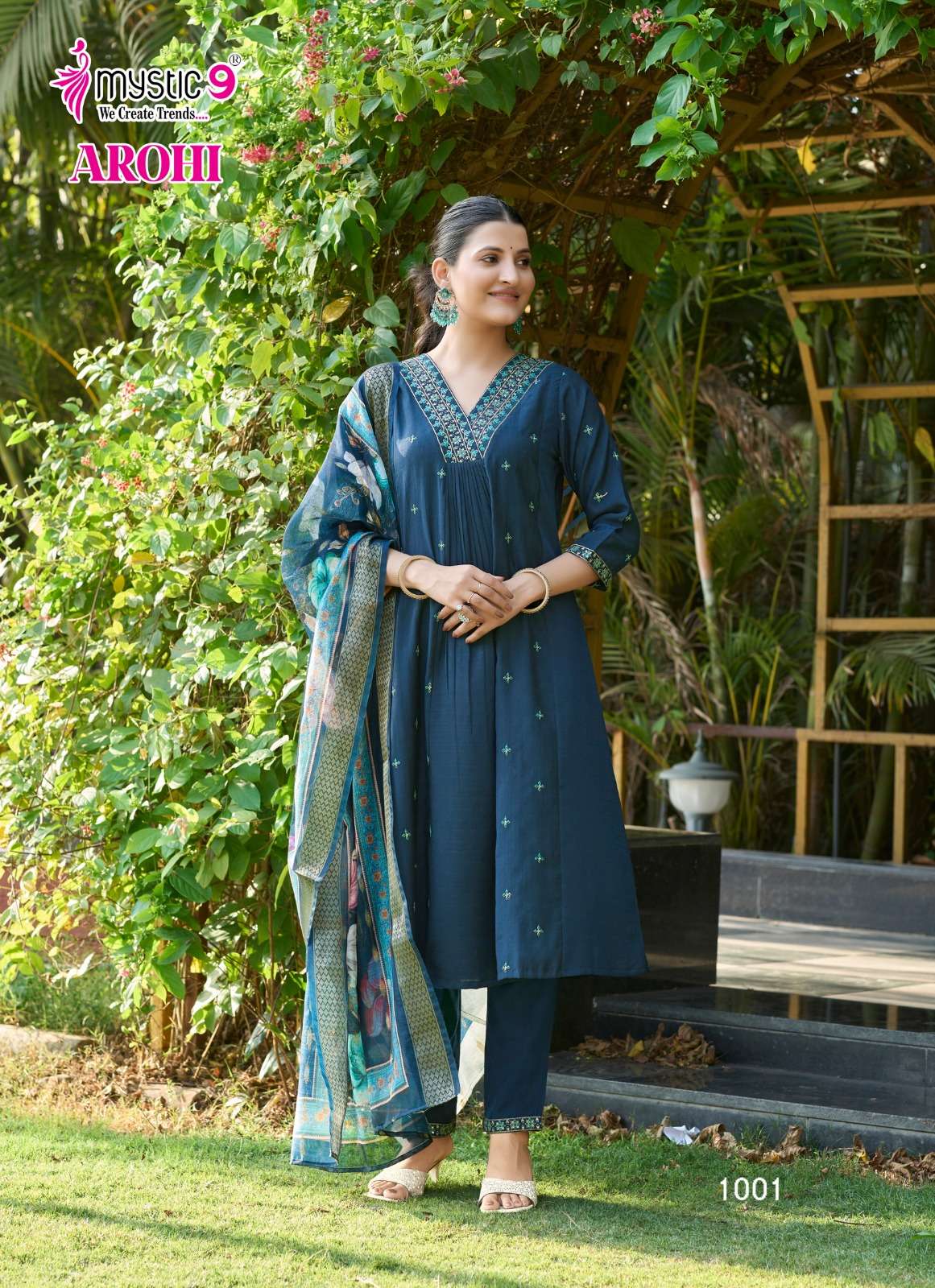 MYSTIC 9 AROHI VOL 1 FANCY DESIGNER WORK PRINCESS CUT STYLE KURTI WITH BOTTOM AND DUPATTA SET 