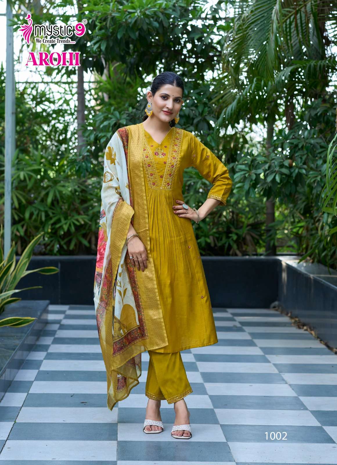 MYSTIC 9 AROHI VOL 1 FANCY DESIGNER WORK PRINCESS CUT STYLE KURTI WITH BOTTOM AND DUPATTA SET 