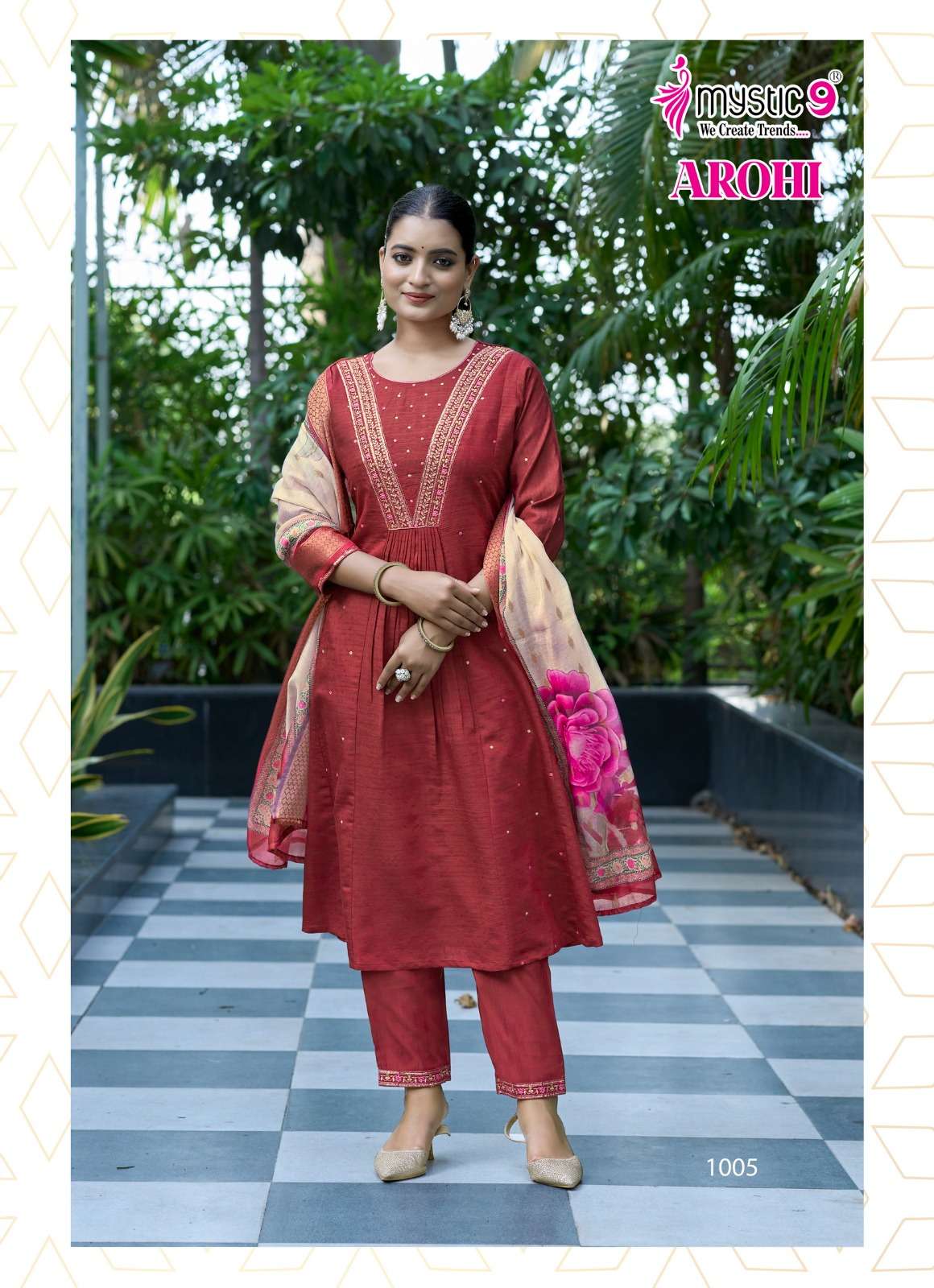MYSTIC 9 AROHI VOL 1 FANCY DESIGNER WORK PRINCESS CUT STYLE KURTI WITH BOTTOM AND DUPATTA SET 