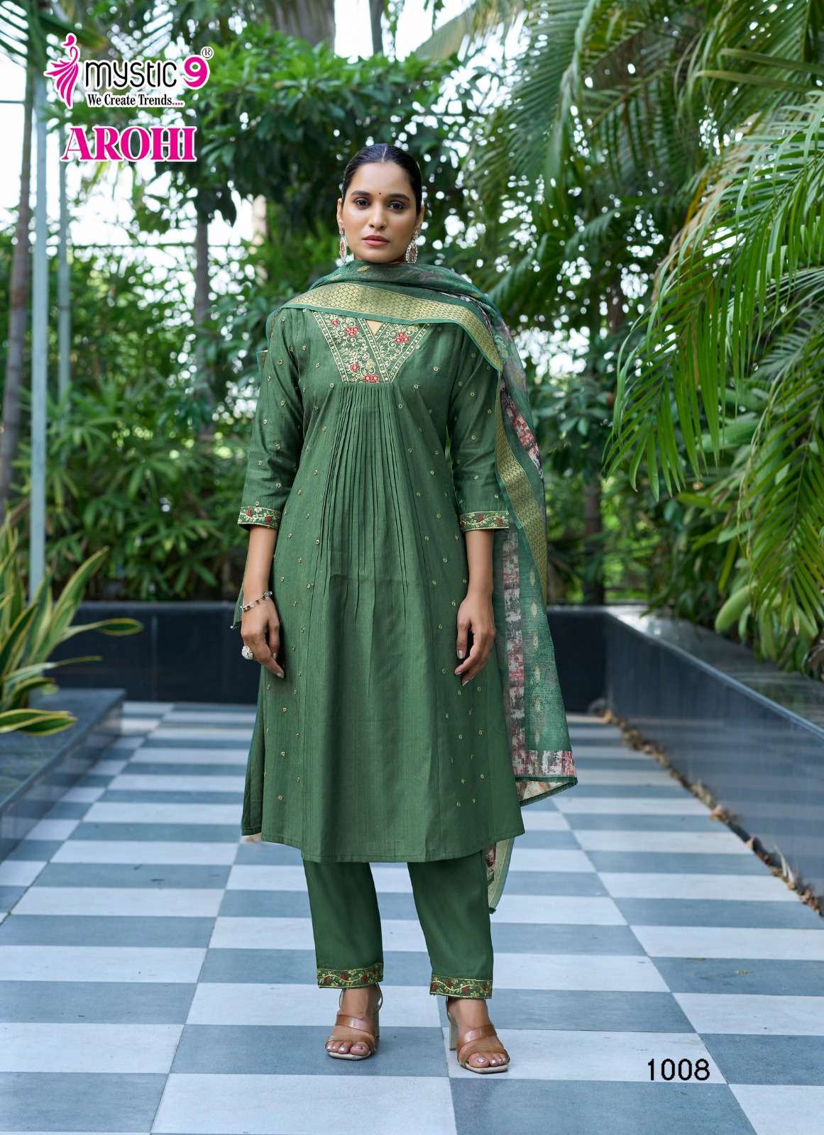 MYSTIC 9 AROHI VOL 1 FANCY DESIGNER WORK PRINCESS CUT STYLE KURTI WITH BOTTOM AND DUPATTA SET 