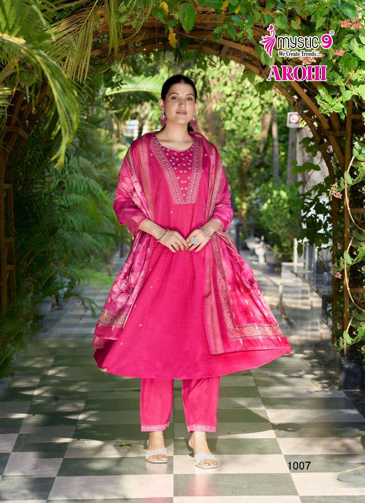 MYSTIC 9 AROHI VOL 1 FANCY DESIGNER WORK PRINCESS CUT STYLE KURTI WITH BOTTOM AND DUPATTA SET 