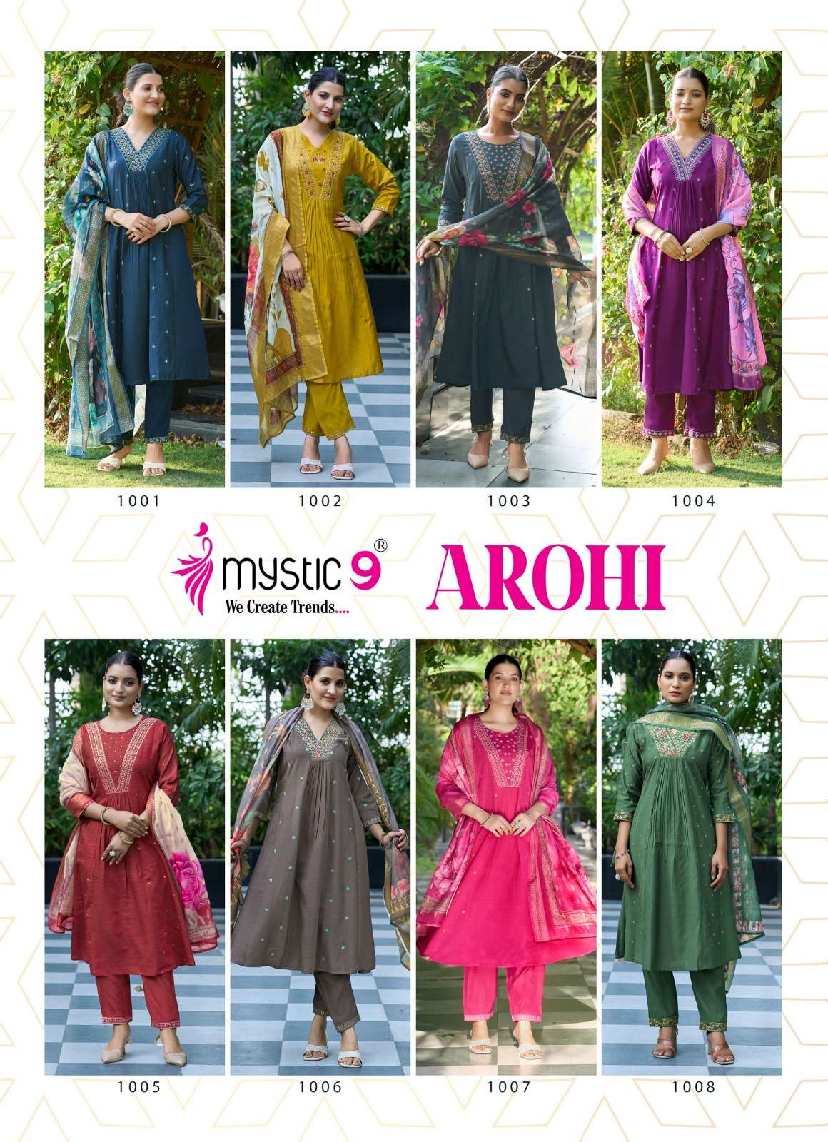 MYSTIC 9 AROHI VOL 1 FANCY DESIGNER WORK PRINCESS CUT STYLE KURTI WITH BOTTOM AND DUPATTA SET 