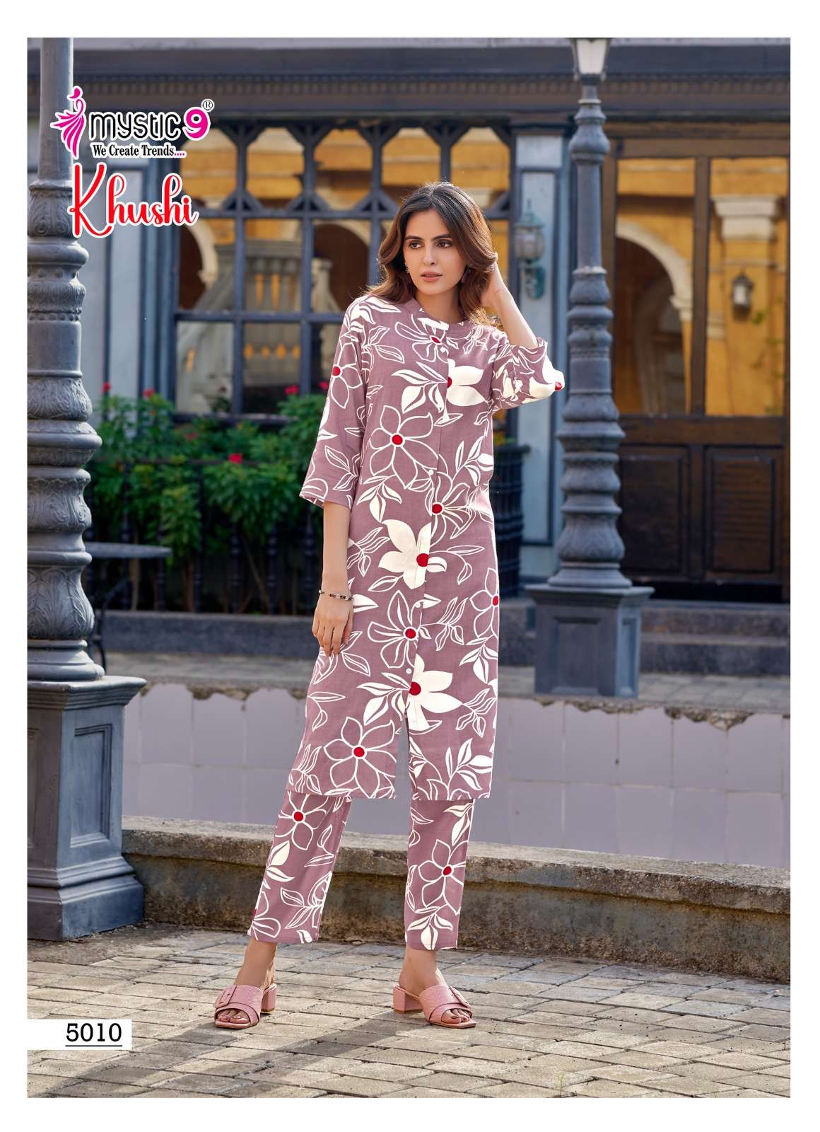 MYSTIC 9 KHUSHI VOL 5 VISCOSE PRINT FANCY A LINE STYLE KURTI WITH BOTTOM PAIR 