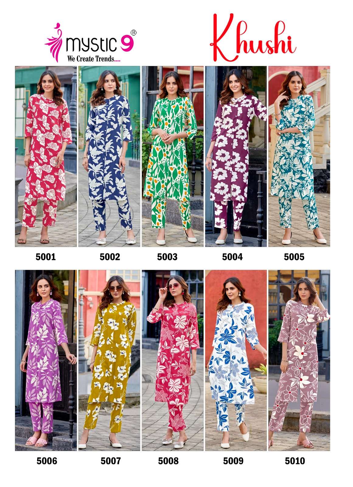 MYSTIC 9 KHUSHI VOL 5 VISCOSE PRINT FANCY A LINE STYLE KURTI WITH BOTTOM PAIR 
