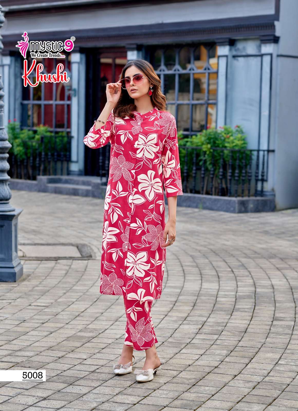 MYSTIC 9 KHUSHI VOL 5 VISCOSE PRINT FANCY A LINE STYLE KURTI WITH BOTTOM PAIR 
