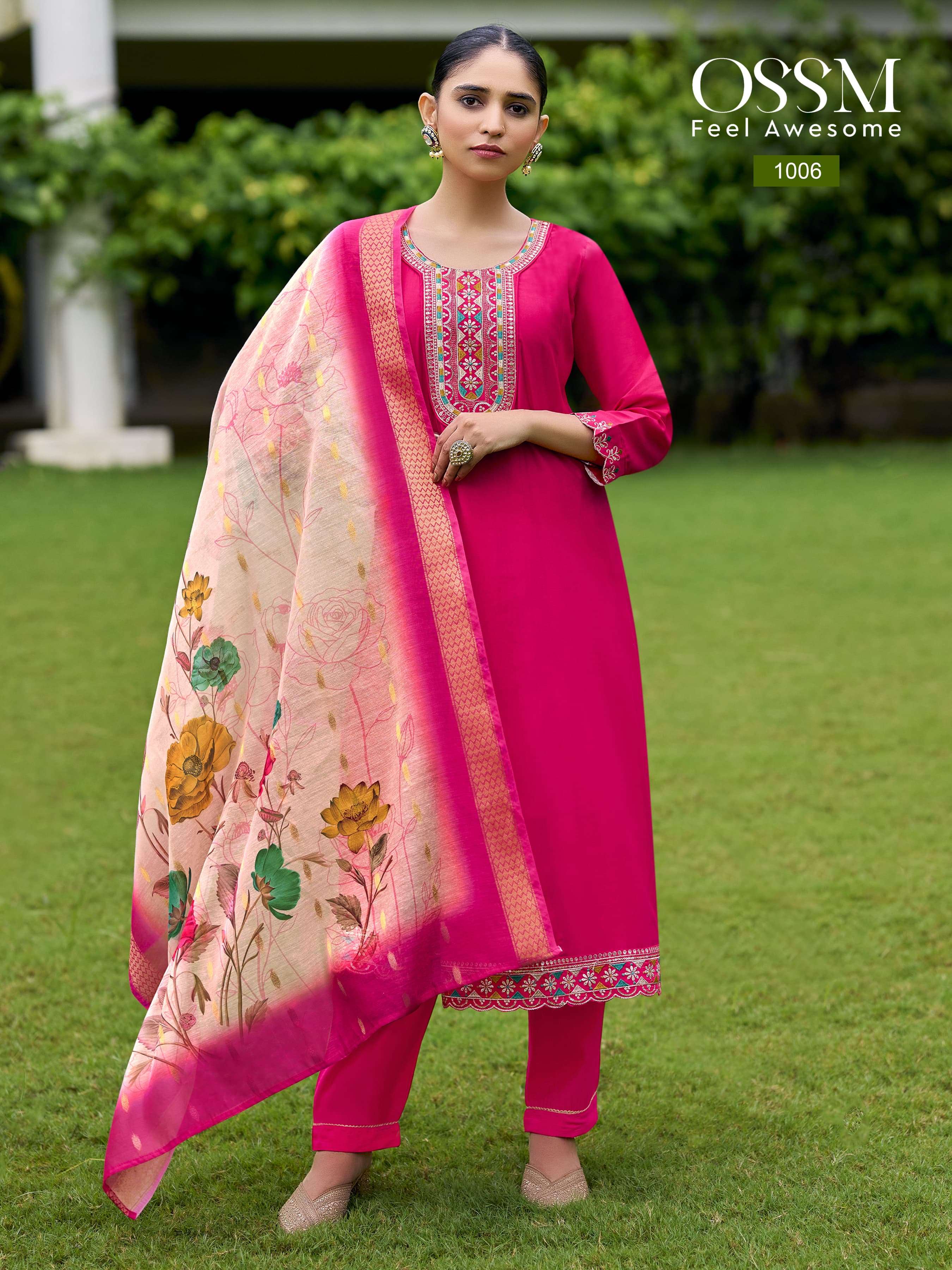 OSSM  RESHAM VOL 2 VISCOSE SILK FANCY WORKS ANARKALI STYLE LADIES KURTI COMBO SET 