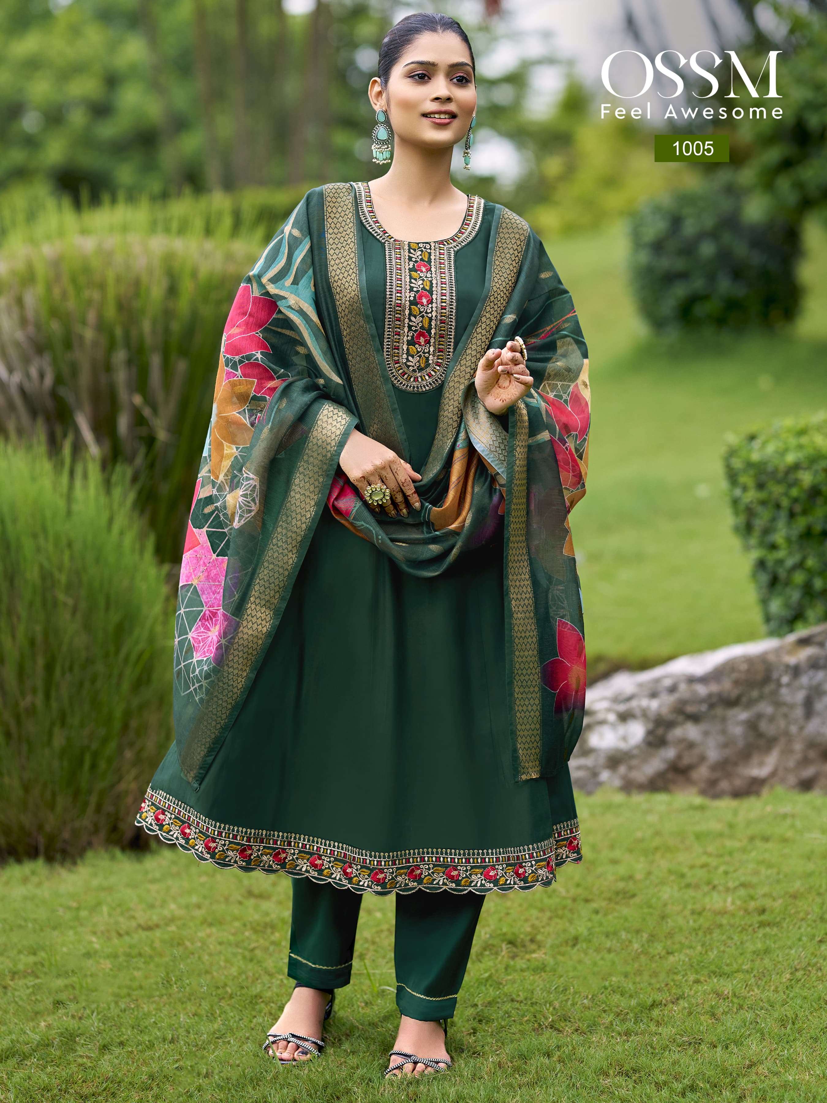 OSSM  RESHAM VOL 2 VISCOSE SILK FANCY WORKS ANARKALI STYLE LADIES KURTI COMBO SET 