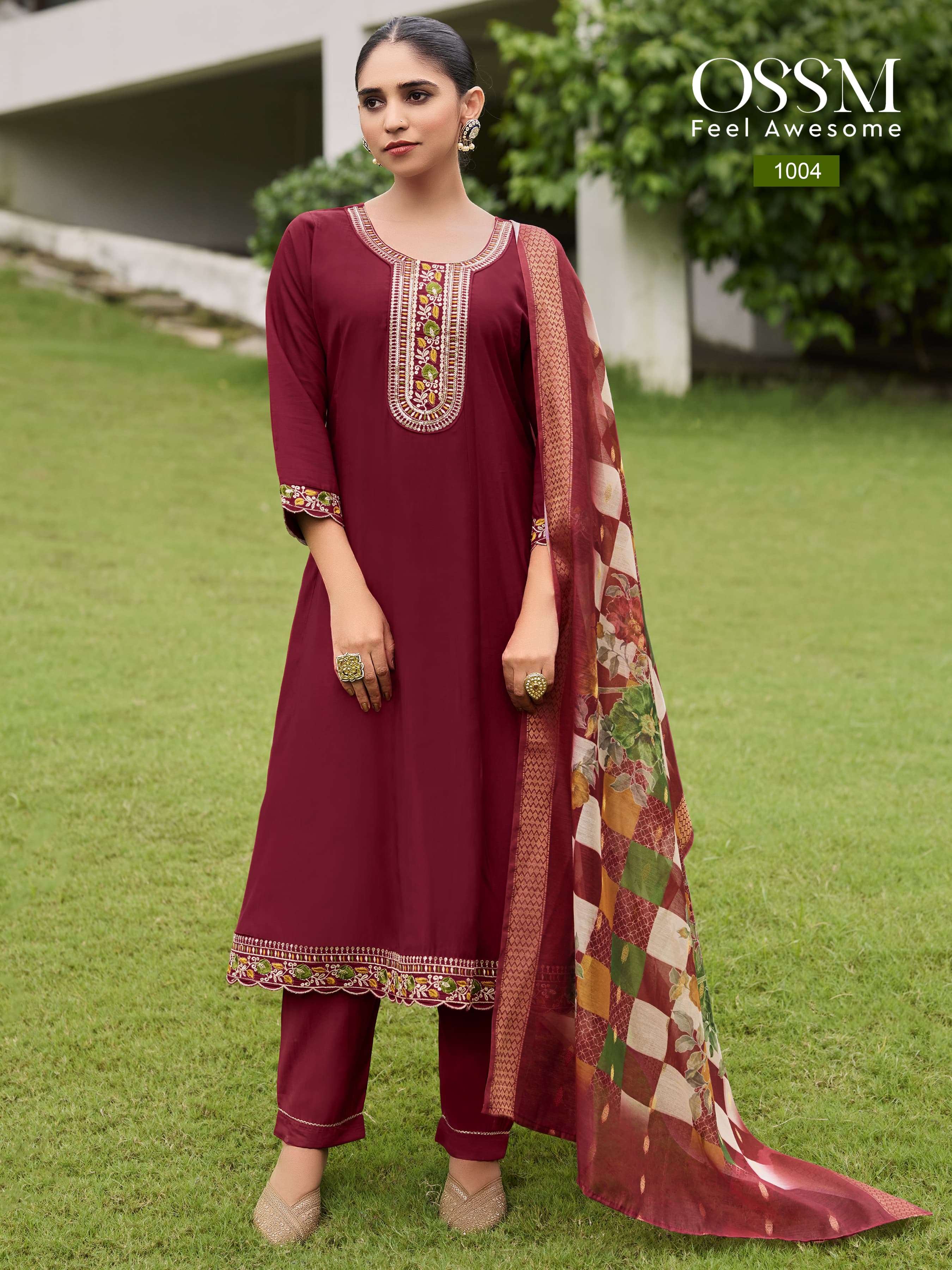 OSSM  RESHAM VOL 2 VISCOSE SILK FANCY WORKS ANARKALI STYLE LADIES KURTI COMBO SET 