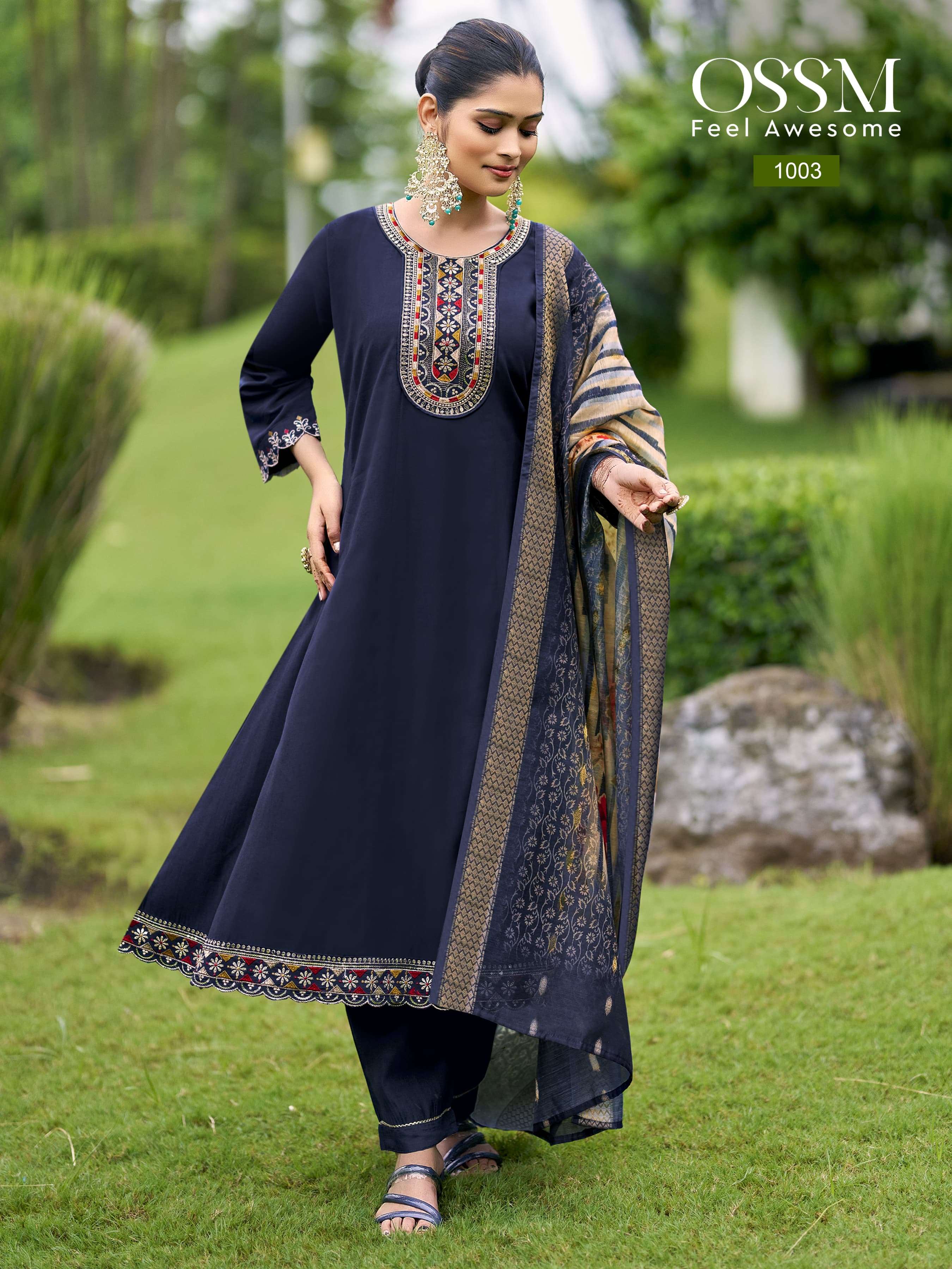 OSSM  RESHAM VOL 2 VISCOSE SILK FANCY WORKS ANARKALI STYLE LADIES KURTI COMBO SET 