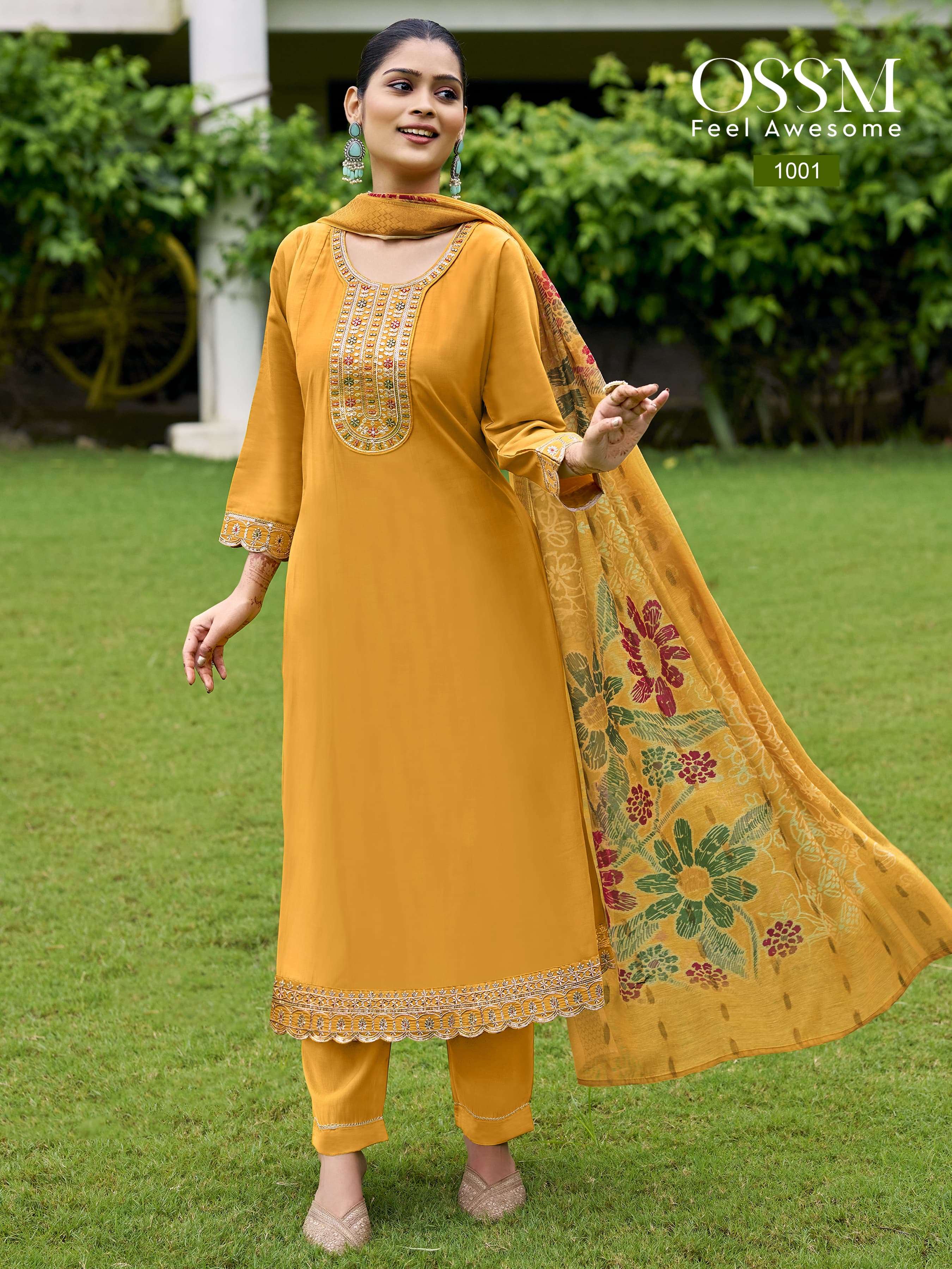 OSSM  RESHAM VOL 2 VISCOSE SILK FANCY WORKS ANARKALI STYLE LADIES KURTI COMBO SET 