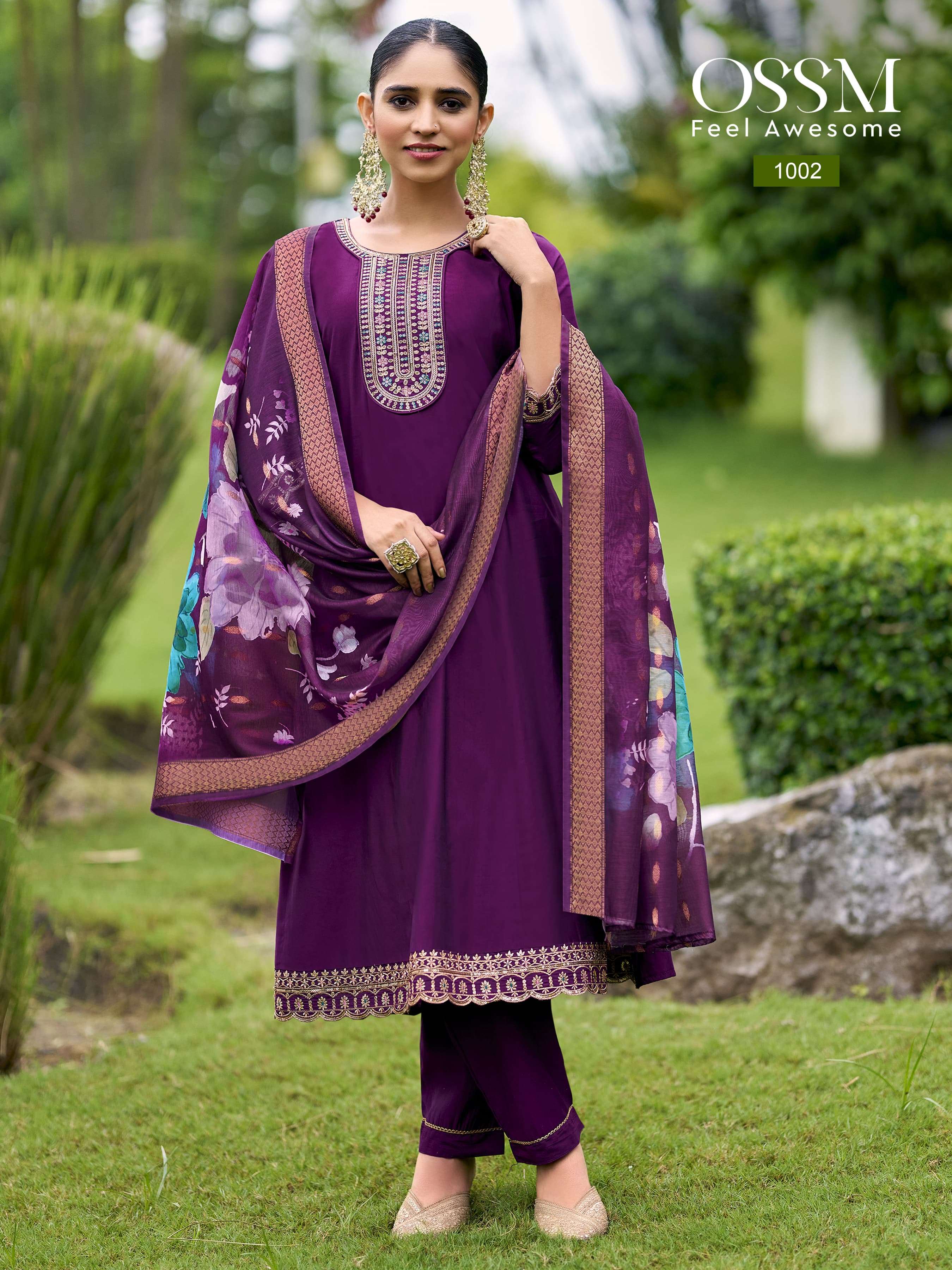 OSSM  RESHAM VOL 2 VISCOSE SILK FANCY WORKS ANARKALI STYLE LADIES KURTI COMBO SET 
