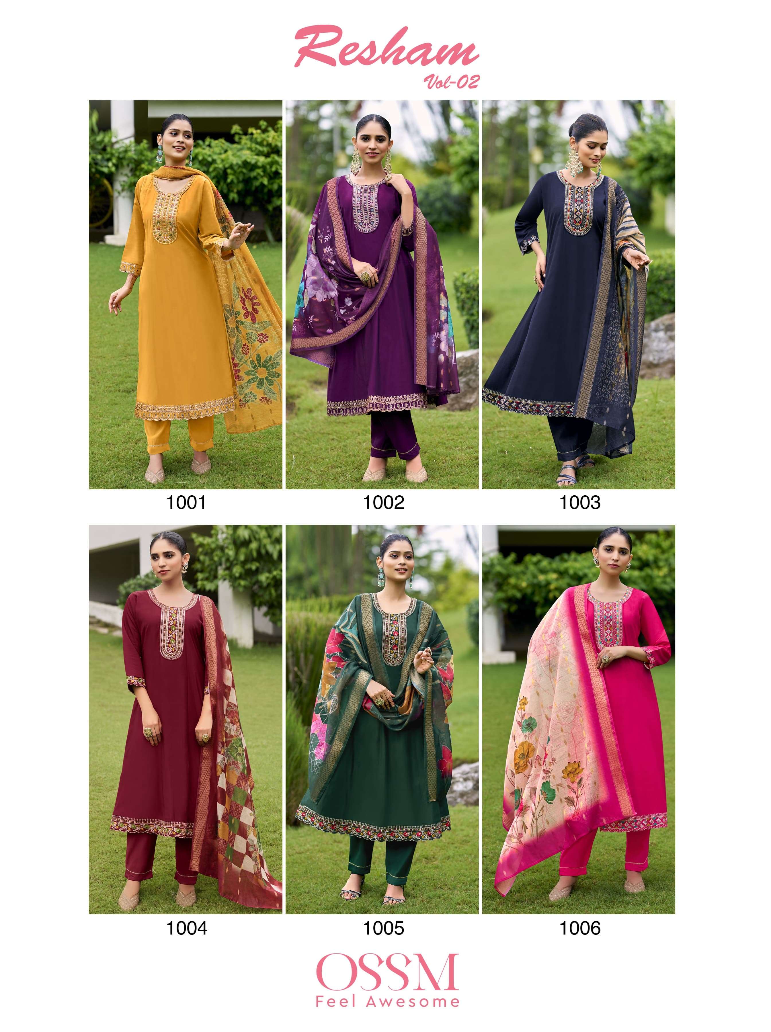 OSSM  RESHAM VOL 2 VISCOSE SILK FANCY WORKS ANARKALI STYLE LADIES KURTI COMBO SET 