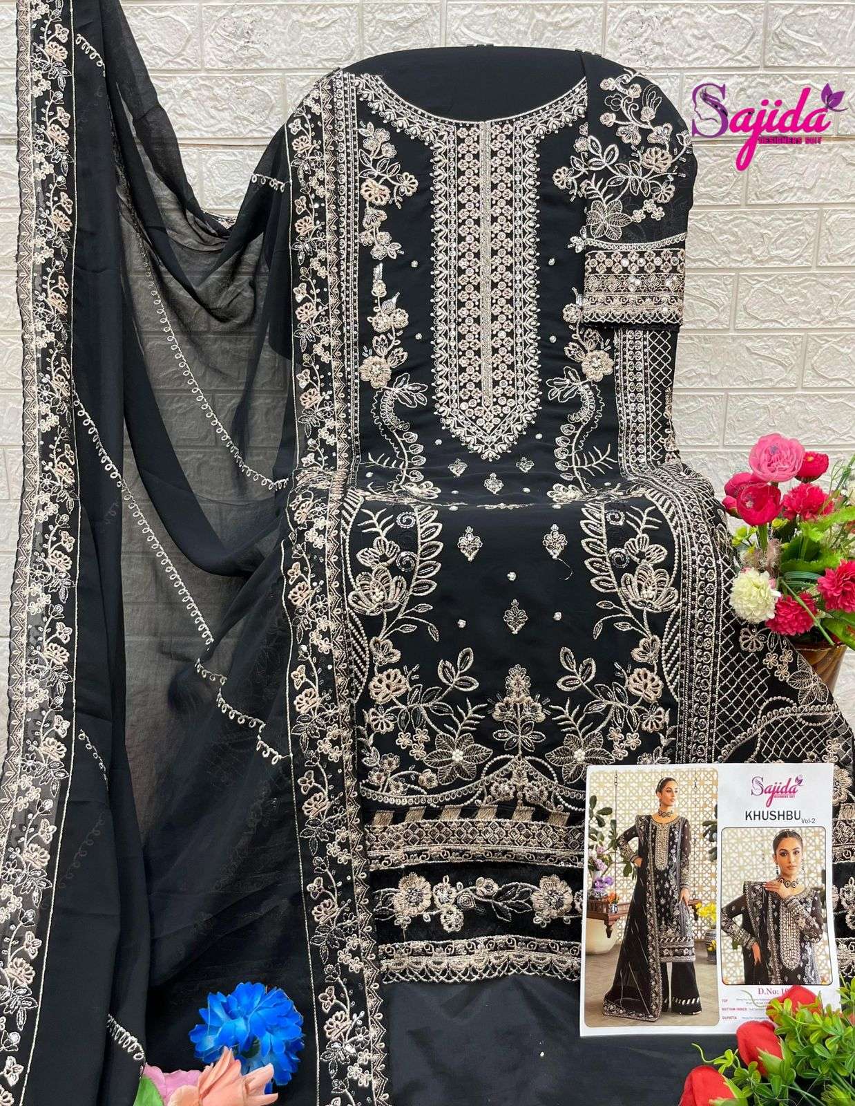 SAJIDA DESIGNER DESIGN NO - 1039 GEORGETTE HEAVY EMBROIDERED KHATLI WORK PAKISTANI SUIT