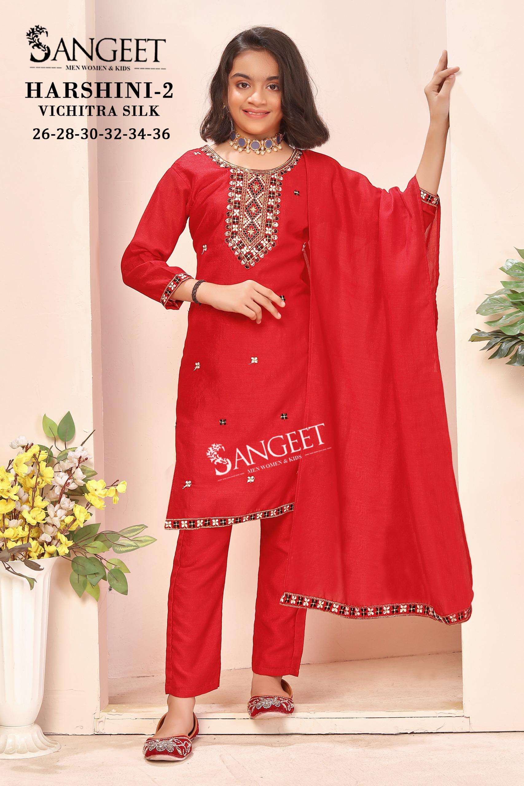SANGEET HARSHINI VOL 2 SILK EMBROIDERIES WORK KIDS WEAR KURTI BOTTOM AND DUPATTA SET