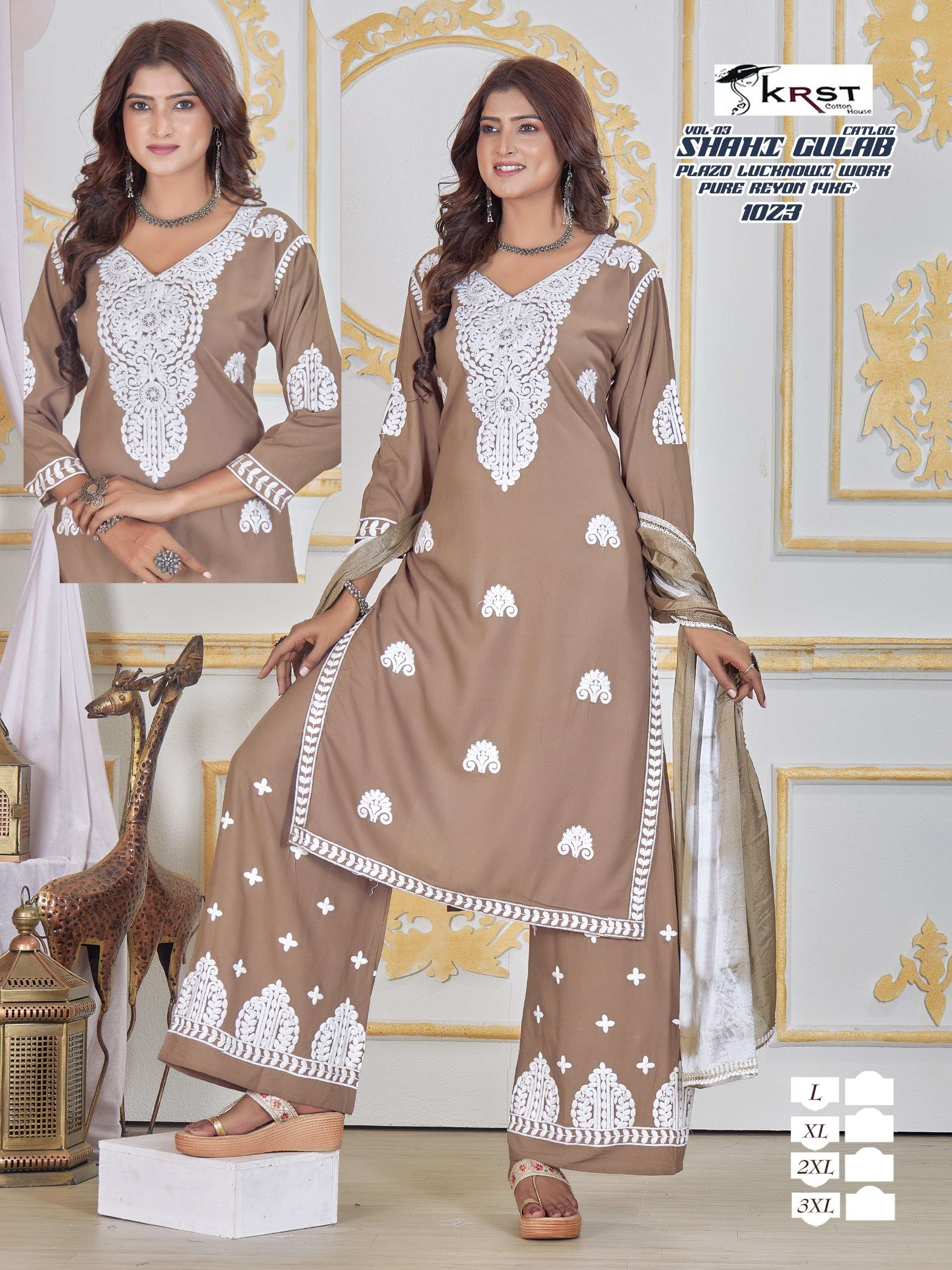 SKRST COTTON SHAHI GULAB VOL 3 RAYON FANCY LUCKNOWI WORKS LADIES KURTI COMBO SET 
