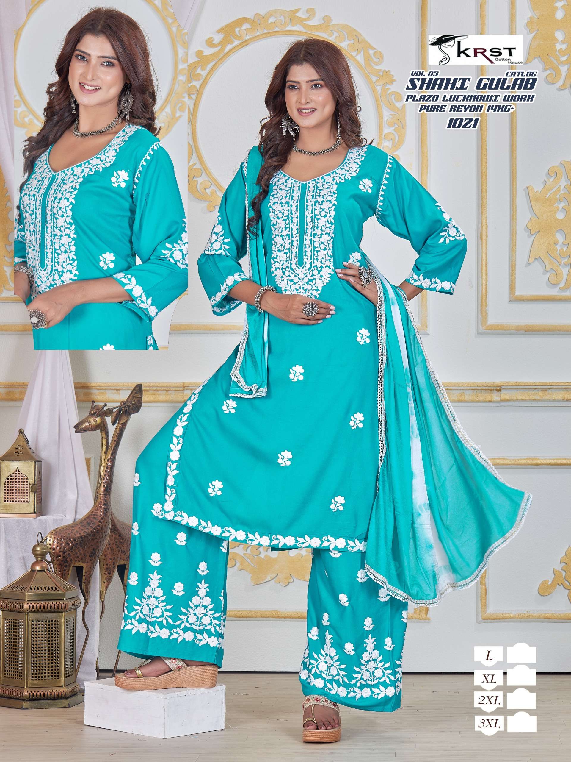SKRST COTTON SHAHI GULAB VOL 3 RAYON FANCY LUCKNOWI WORKS LADIES KURTI COMBO SET 
