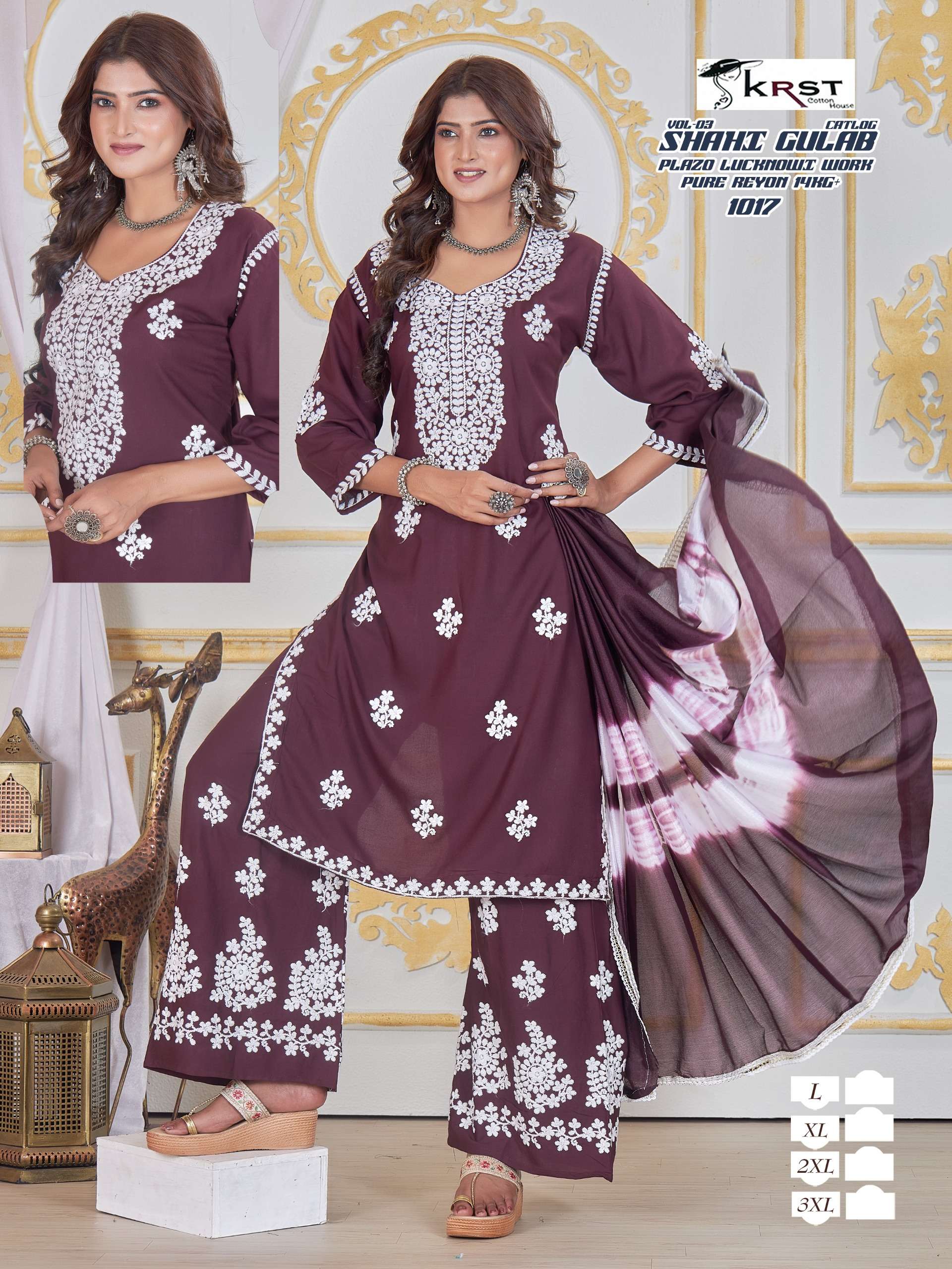 SKRST COTTON SHAHI GULAB VOL 3 RAYON FANCY LUCKNOWI WORKS LADIES KURTI COMBO SET 