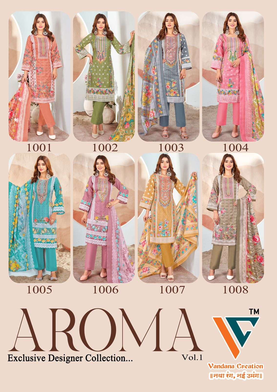 VANDANA‎‎‎‎ CREATION AROMA VOL 1 COTTON DIGITAL PRINTS WITH FANCY WORK SUITS 
