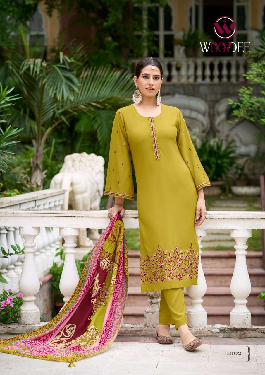 WOODEE BELLA RAYON FANCY EMBROIDERY WORKS LADIES KURTI COMBO SET 