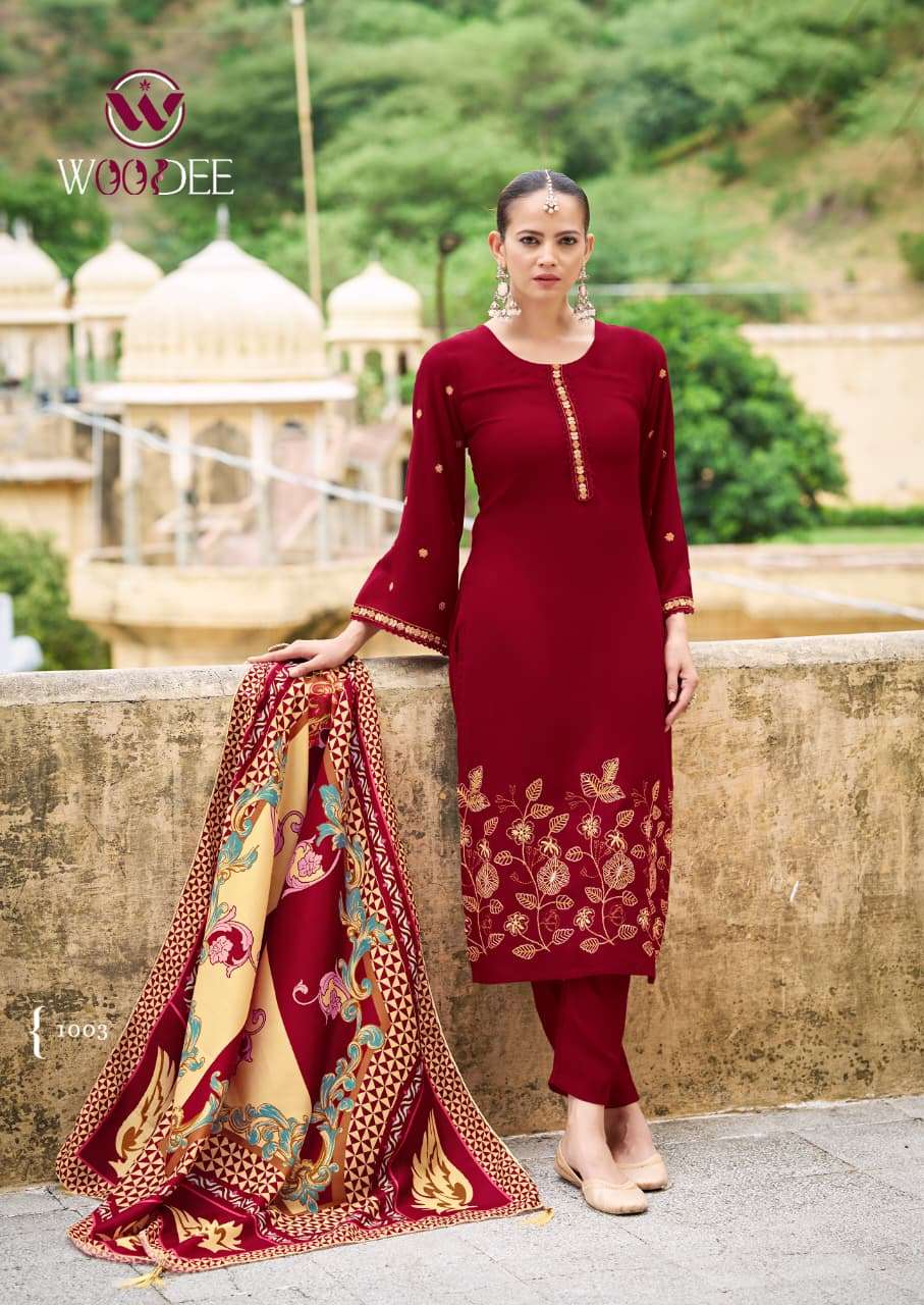 WOODEE BELLA RAYON FANCY EMBROIDERY WORKS LADIES KURTI COMBO SET 