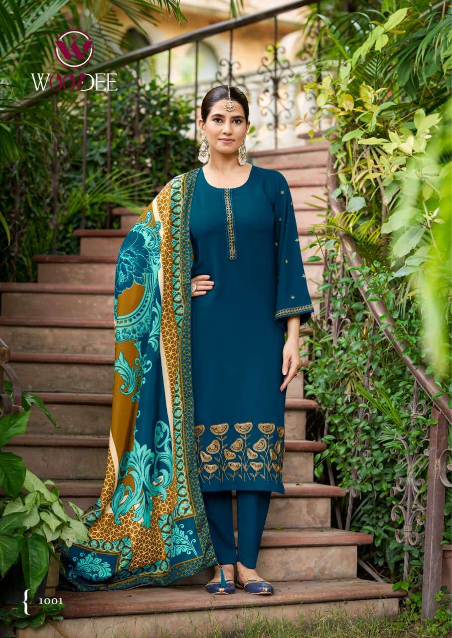 WOODEE BELLA RAYON FANCY EMBROIDERY WORKS LADIES KURTI COMBO SET 