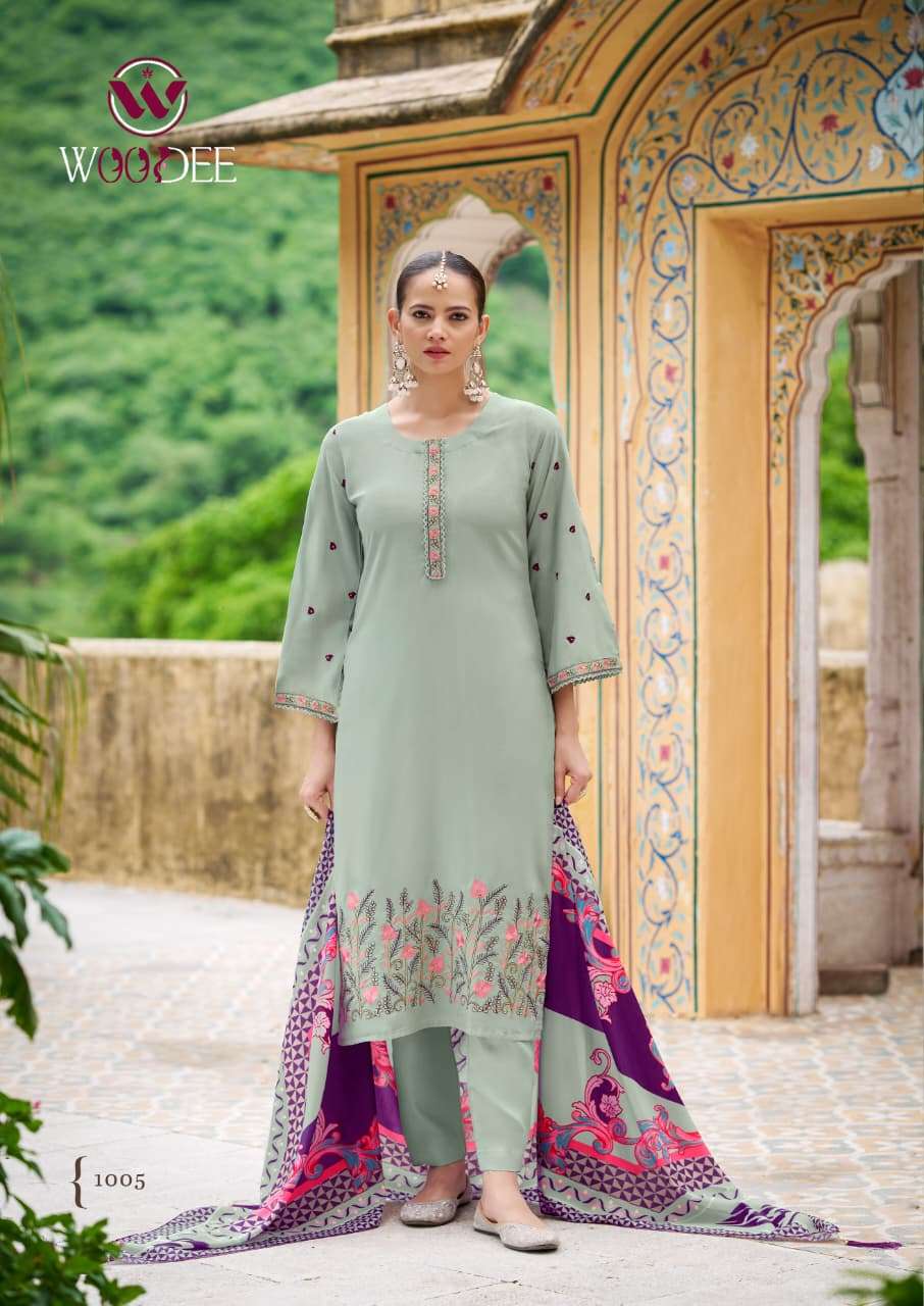 WOODEE BELLA RAYON FANCY EMBROIDERY WORKS LADIES KURTI COMBO SET 