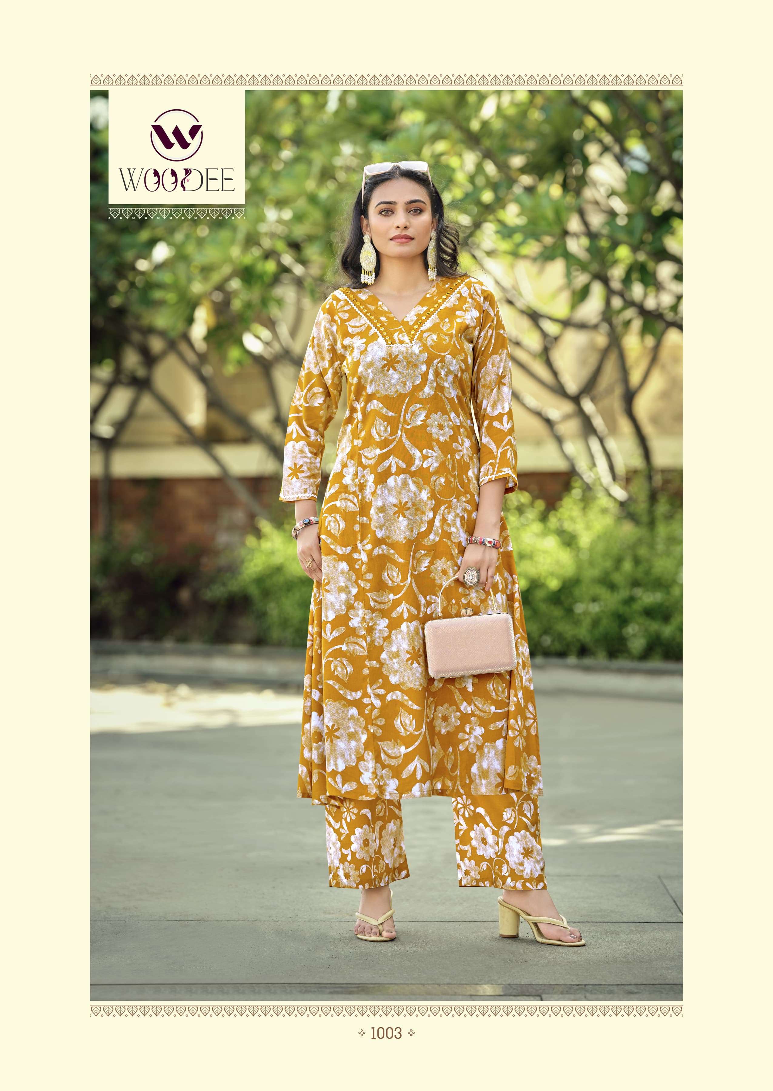 WOODEE PAVITRA RAYON PRINT FANCY A LINE STYLE KURTI WITH BOTTOM PAIR 