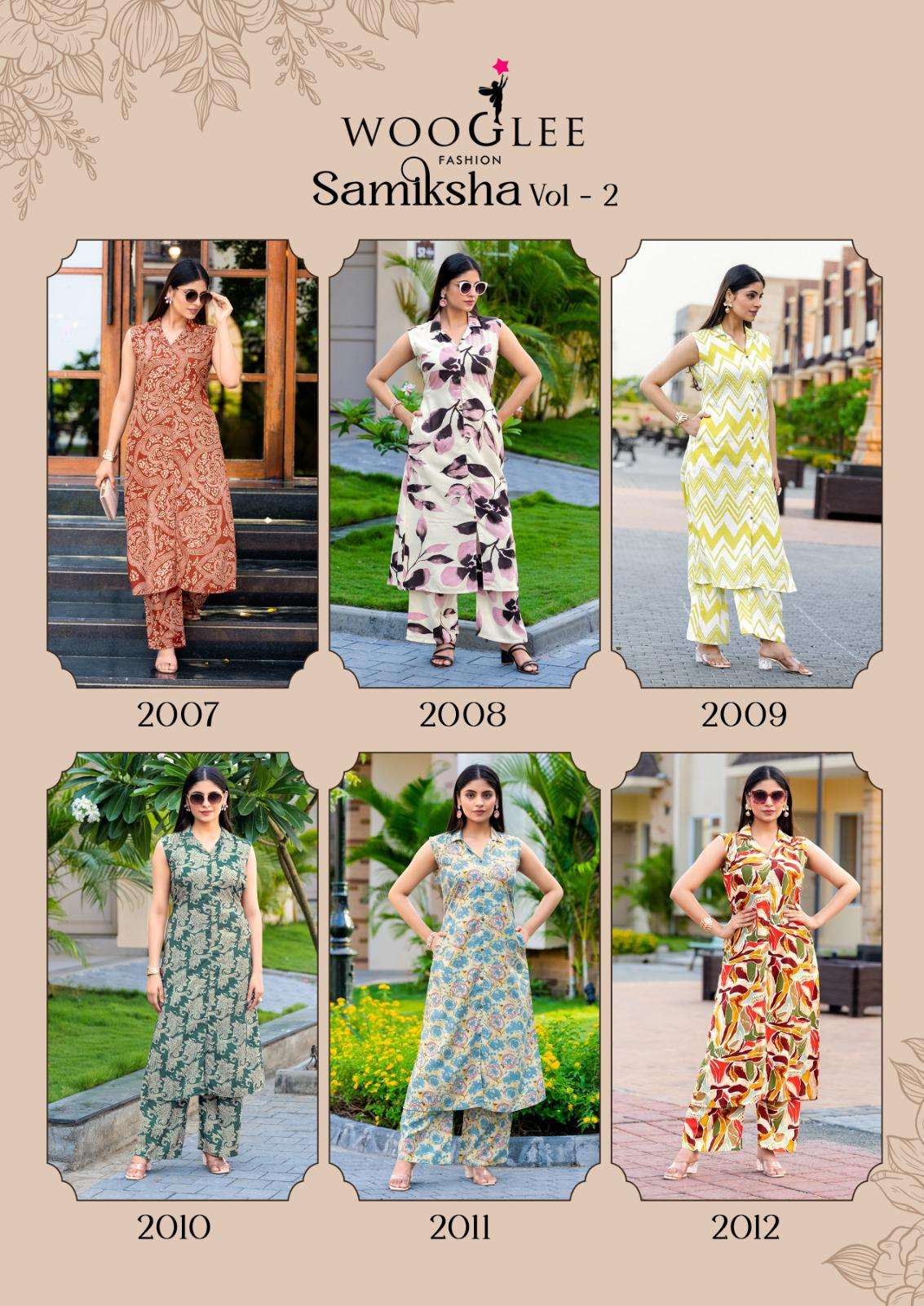 WOOGLEE SAMIKSHA VOL 2 RAYON PRINT FANCY A LINE STYLE KURTI WITH BOTTOM PAIR 	