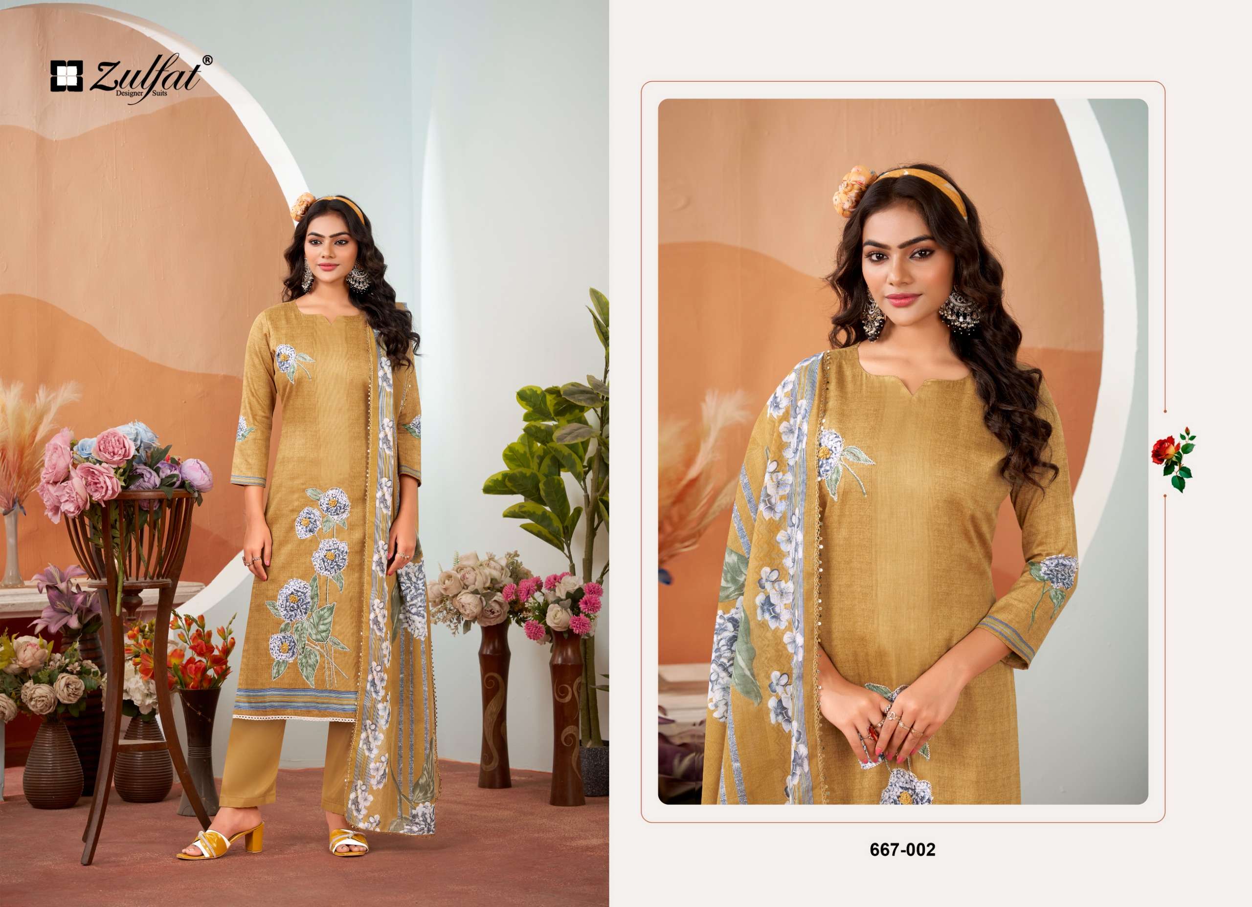 ZULFAT DESIGNER SUITS ROSHNI JAM COTTON PRINT WITH FANCY WORK SUIT