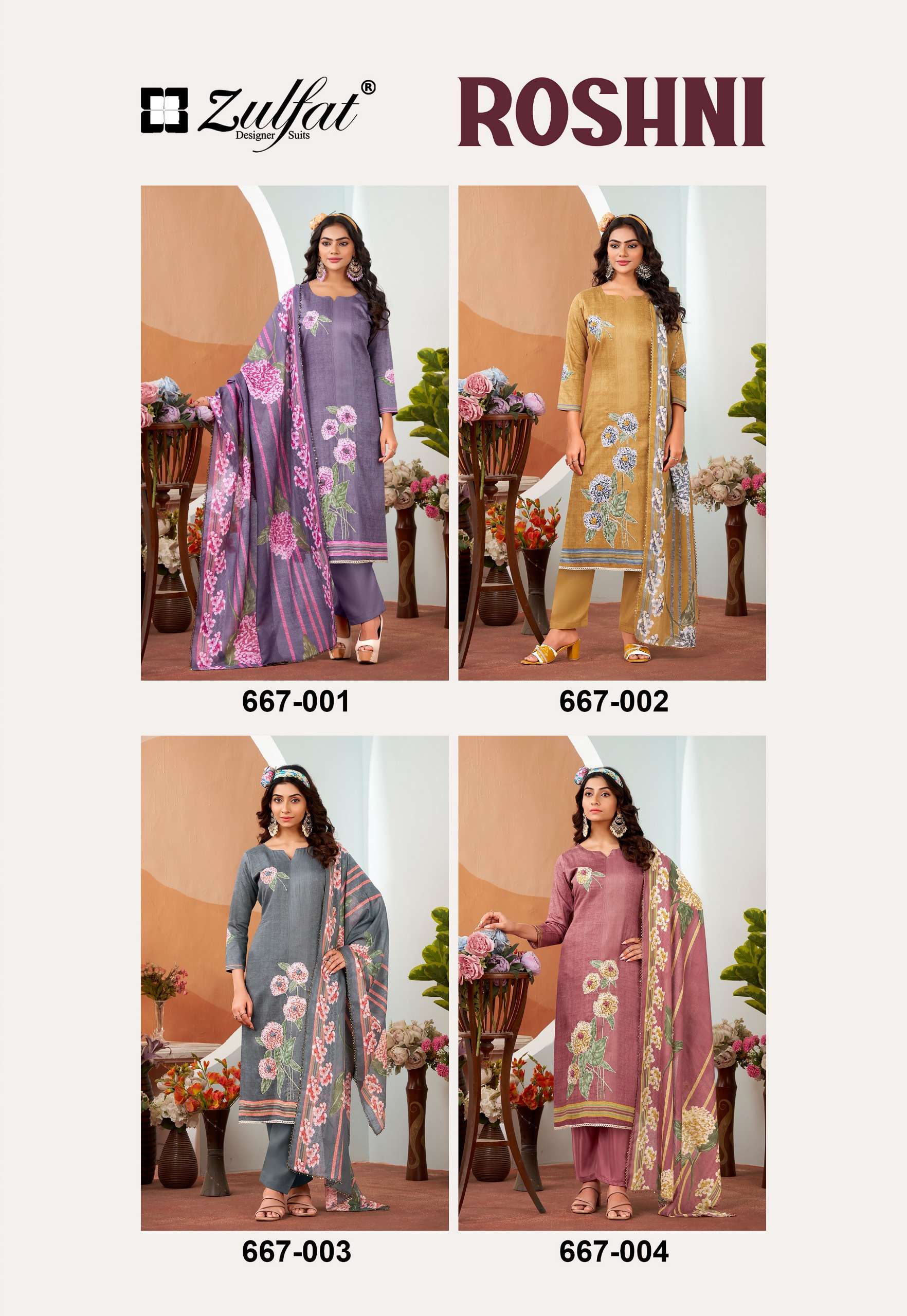 ZULFAT DESIGNER SUITS ROSHNI JAM COTTON PRINT WITH FANCY WORK SUIT